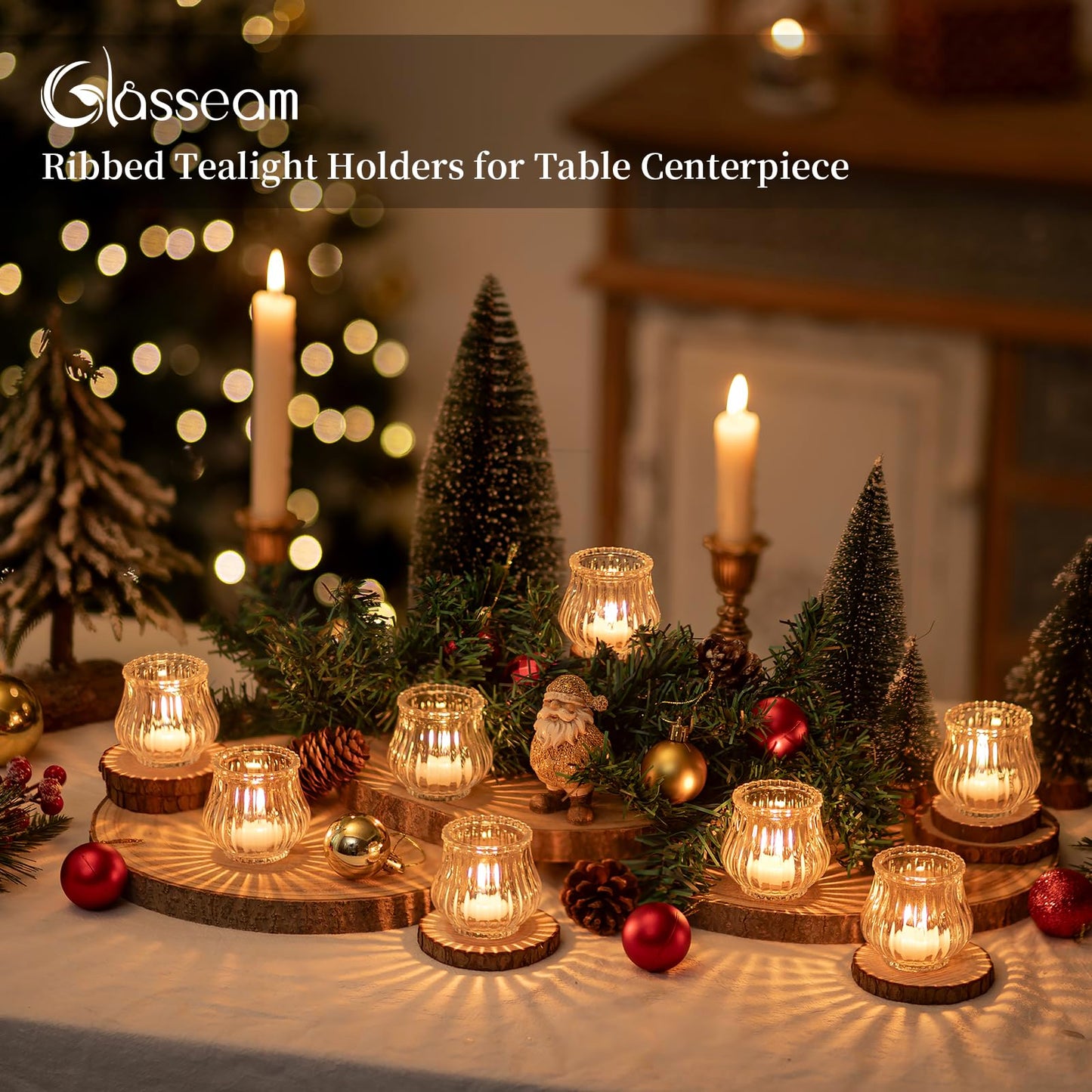 Glasseam Glass Tealight Candle Holder: 12 Pcs Ribbed Clear Votive Candle Holders Bulk for Wedding Centerpiece Christmas Table Decorations Party