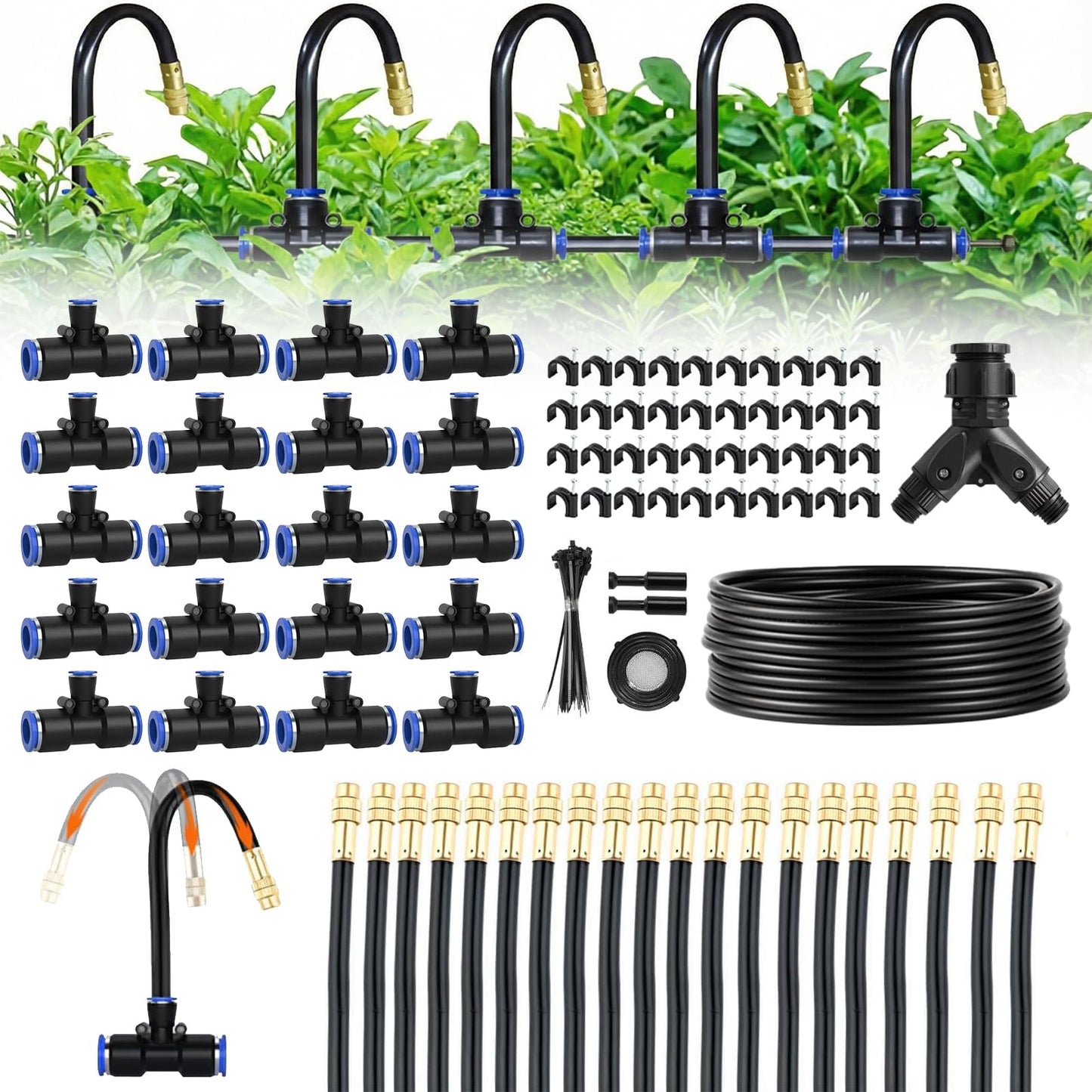 100ft 1/4-Inch Drip Irrigation Kit with 16 Adjustable Copper Nozzles, Automatic Atomizing Watering Sprinkler System for Garden, Raised Beds, Lawn, Greenhouse & Patio