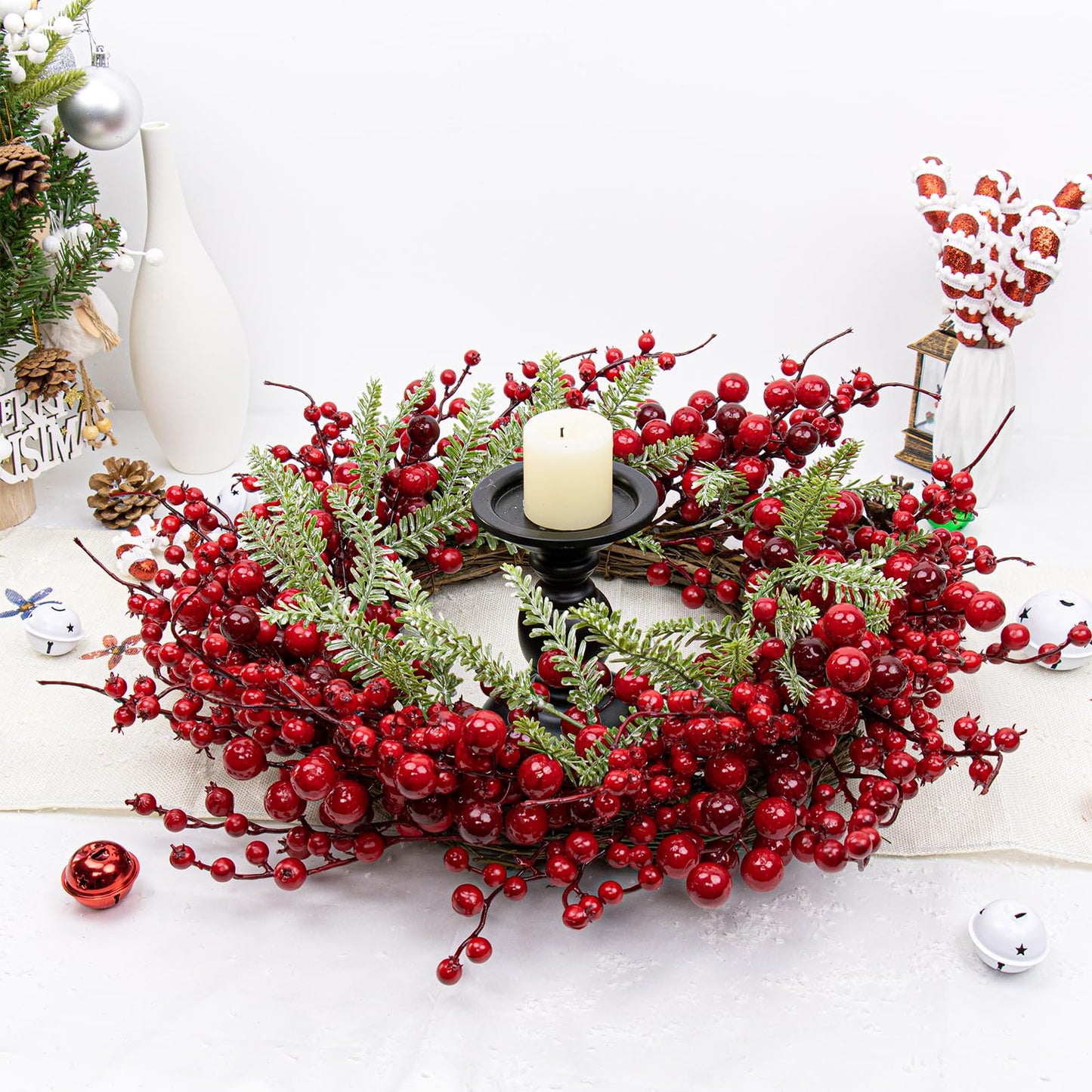 Yawwind 20 Inches Red Christmas Wreaths Farmhouse Christmas Wreaths for Front Door Classic Red Berry Wreath Winter Holiday Wreath with Fir Pine Needle for Doors Window Indoors Porches Outside