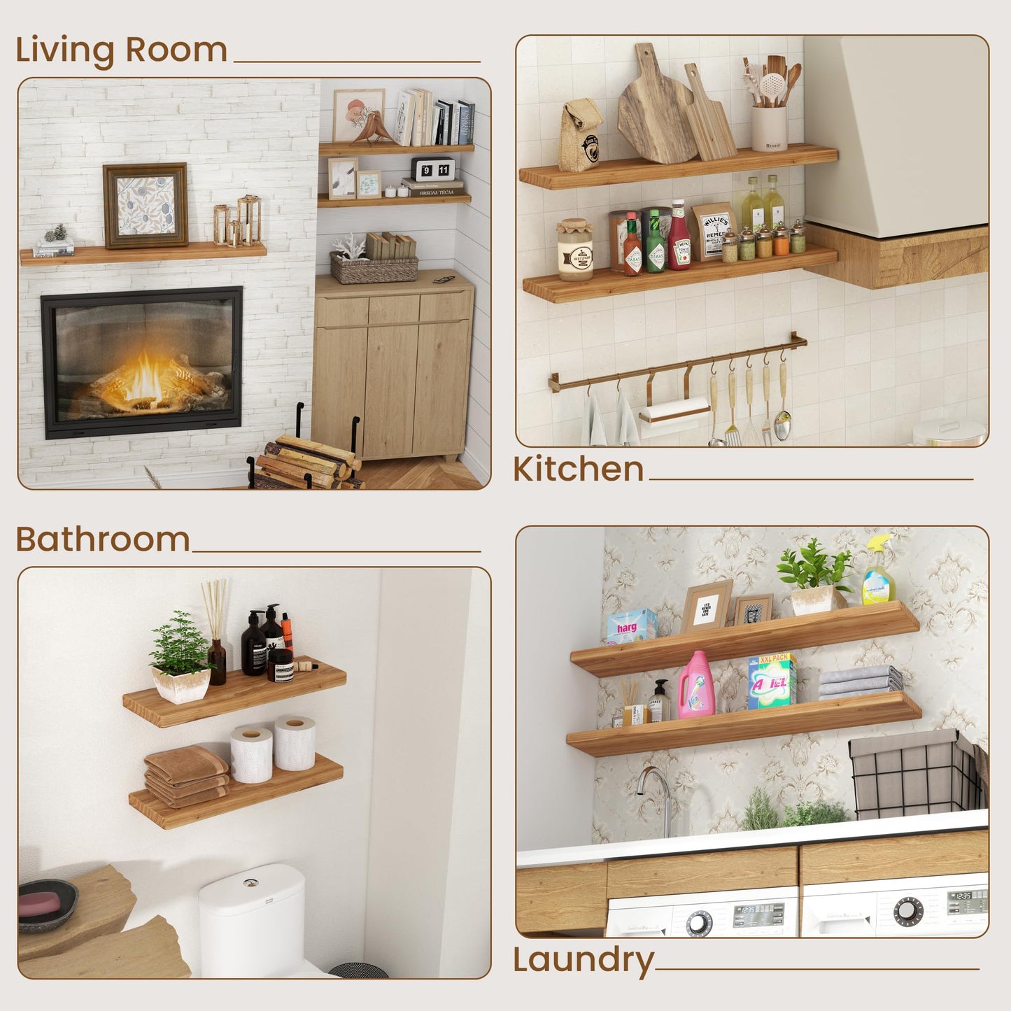 Floating Shelves for Wall, 30"Wx8"D Rustic Solid Elm Wood Floating Shelves Wall Mounted, Round Edge Wall Shelves with Invisible Bracket for Living Room Bathroom Bedroom Kitchen, Set of 2, Natural