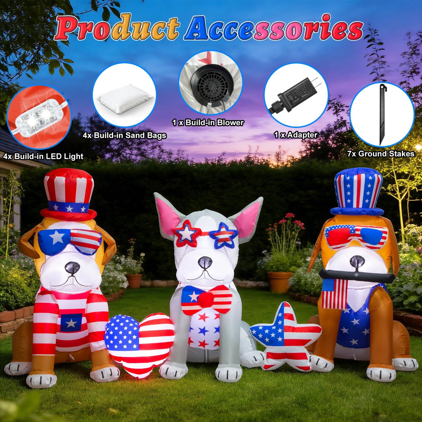 Spinosaurus 7FT 4th of July Inflatables Outdoor Decoration 3dog USA Flag Print Heart Star with LEDs Blow Up Independence Day Patriotic Holiday Yard Decorations