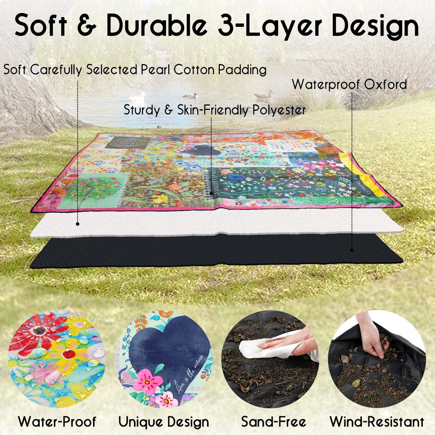 Cuslnox Picnic Blankets Waterproof Foldable Extra Large, 80"x 80" Outdoor Beach Blanket Waterproof Sandproof, 3-Layer Lightweight Handy Mat Tote Picnic Camping Rugs for Outside Your Rv