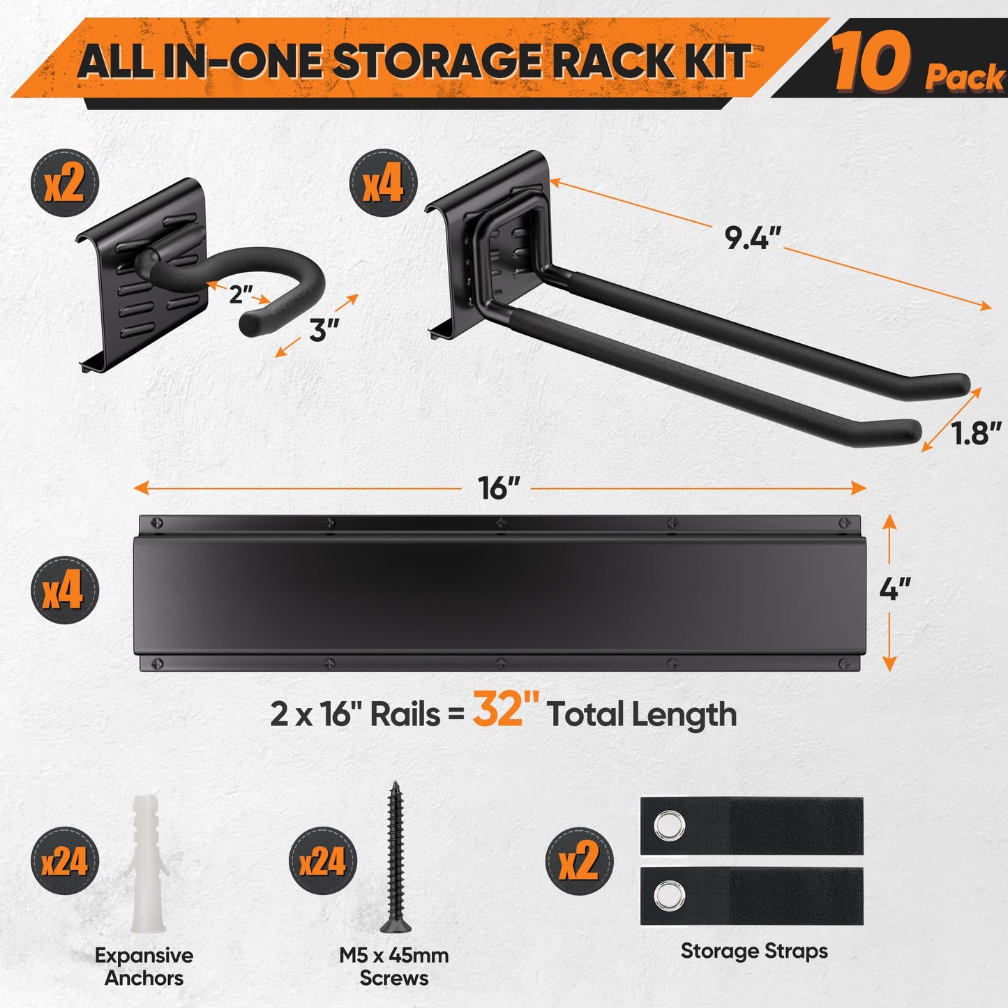 Garden Tool Organizer Wall Mount, 32 inches Tool Storage Rack with Adjustable Hooks, 600lbs Adjustable Heavy Duty Metal Hooks, Yard Shed Rack Holder System Hanging Rake Broom Mop Snowboard, Men Gift