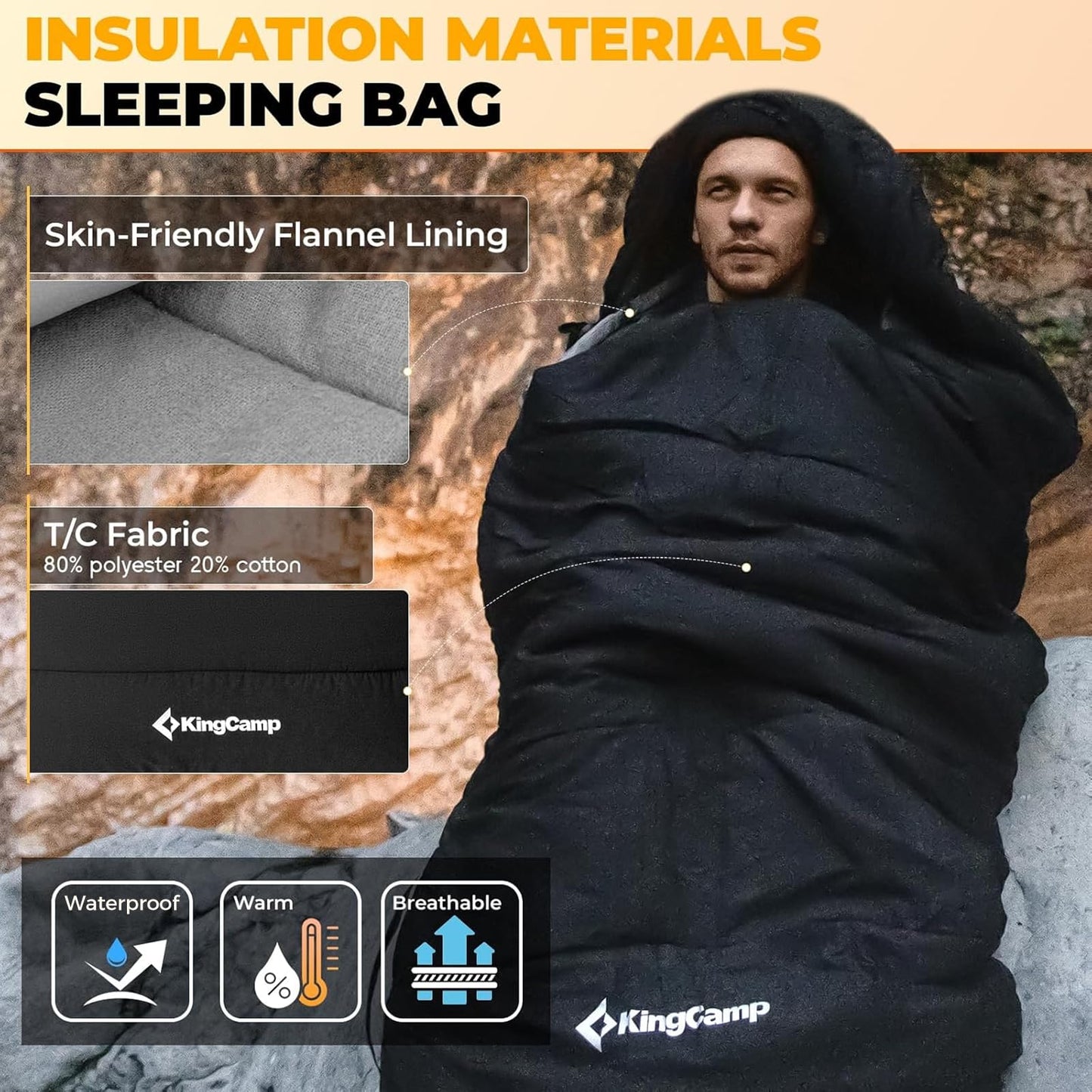 KingCamp 3-in-1 Sleeping Bag for Adults Cold & Warm Weather, XL Size for Big & Tall Individuals, Waterproof, Flannel Lining, Extra Length-Ideal for Camping & Backpacking (Black)