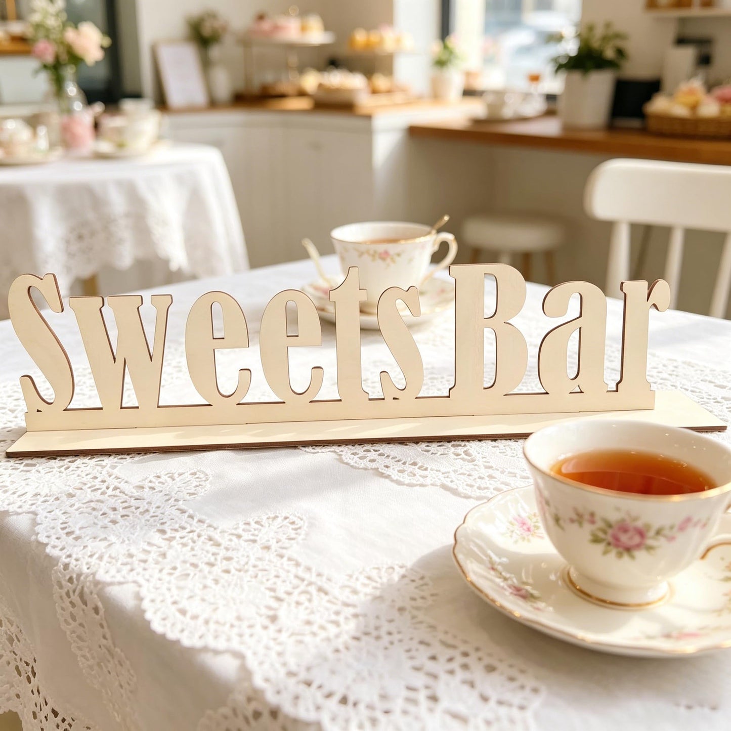Wooden Sweets Bar Table Sign, Freestanding Wedding/Birthday Table Centerpiece Decorations, Sweet Bar Centerpiece with Stand for Events & Parties.