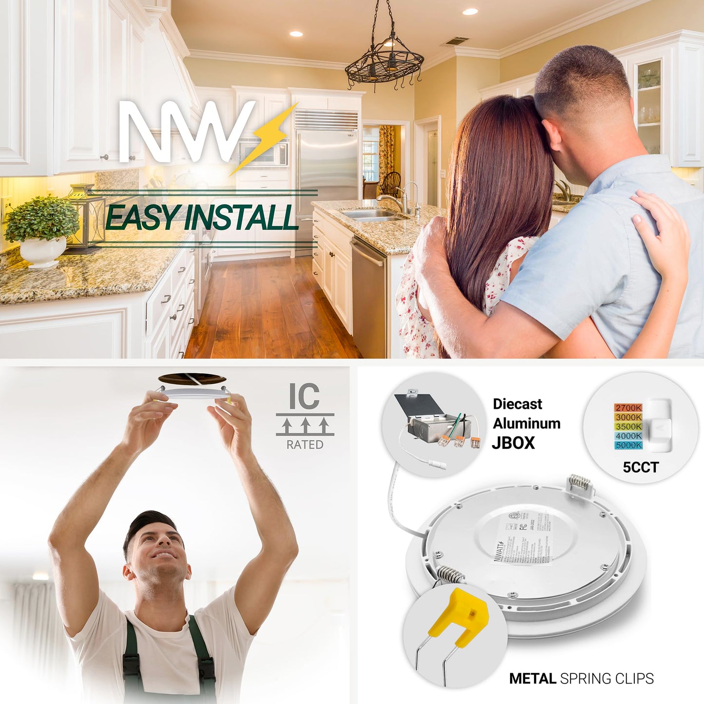 NuWatt 12 Pack, 4 Inch Canless Gimbal LED Recessed Lighting, 5CCT 2700K/3000K/3500K/4000K/5000K Selectable, 630 Lumen, Dimmable, Adjustable Eyeball Wafer Lights for Sloped Ceilings, Metal Junction Box