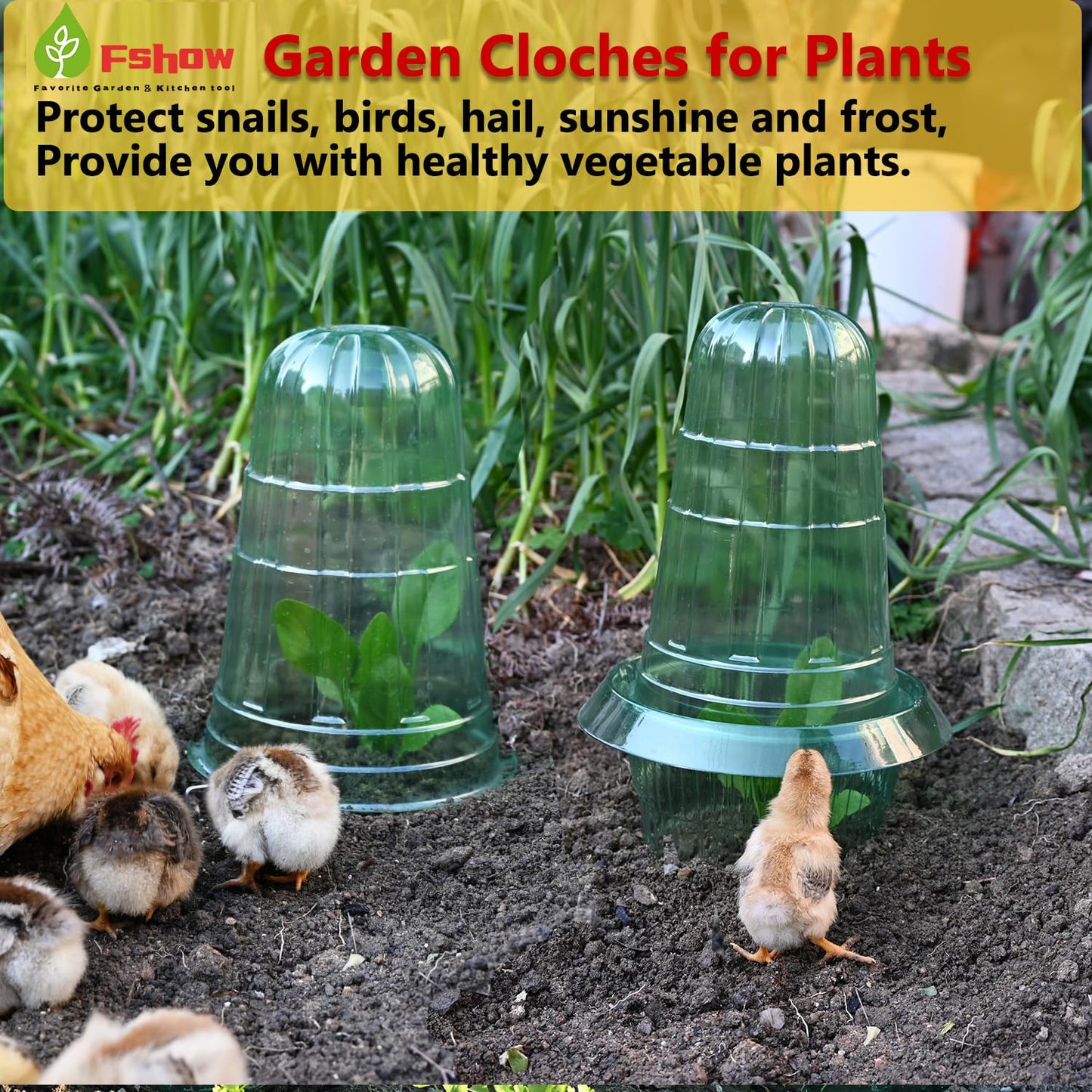 Fshow Upgraded Garden Cloches for Plants, Reusable Bell Plant Protector, Garden Protection from Animals Snails Birds Chickens Insect， Compatible with Slug Collar (Green 10 Pack)