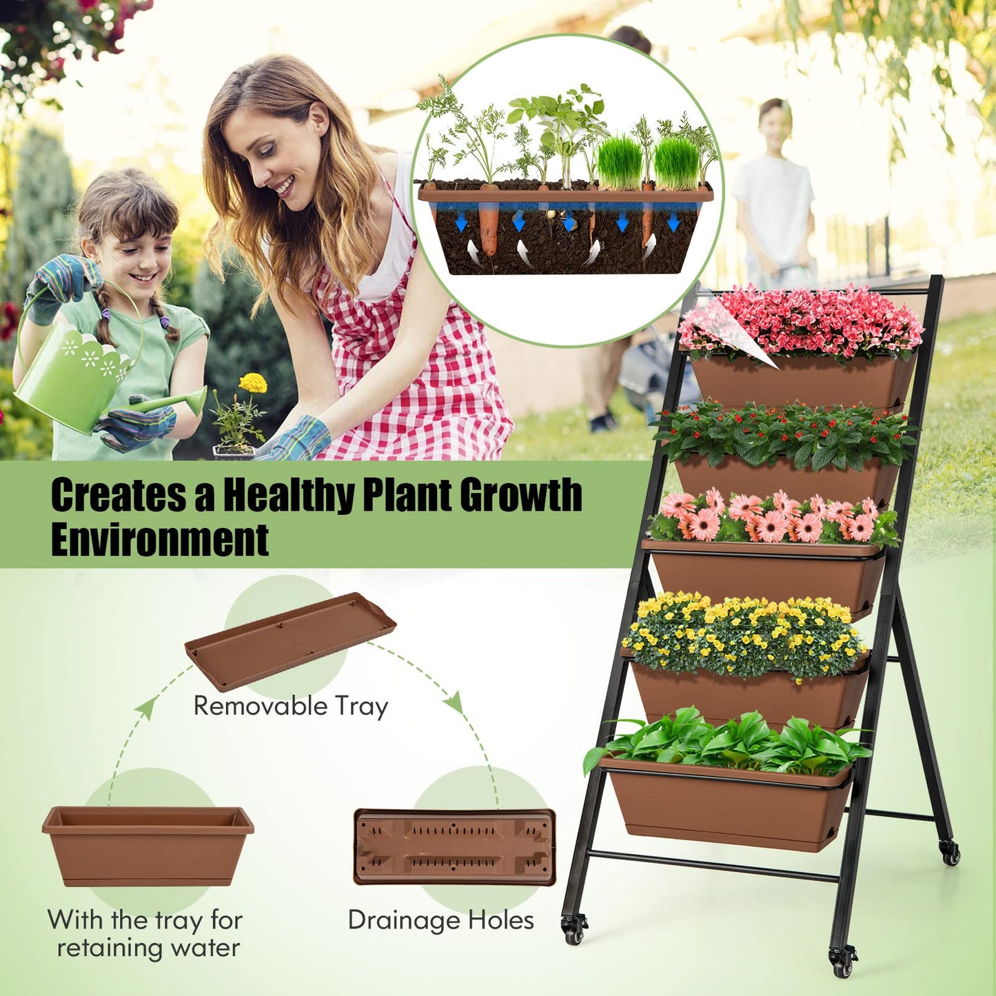 S AFSTAR 5-Tier Vertical Garden Planter, Raised Garden Bed with 2 Lockable Wheels, 6 Removable Planter Boxes, Metal Frame, Indoor Outdoor Elevated Planting Box for Flower Vegetables Fruit Herbs