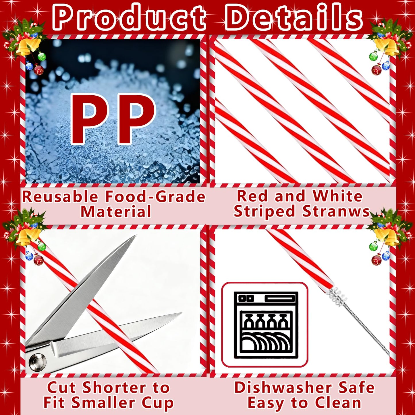 50 PCS-Christmas-Valentine’s-Party-Decoration-Supplies-Straws - Reusable Red and White Striped Straw，9 Inch Hard Plastic Drinking Straws for Holiday Decor Wedding Valentine’s Day Easter Party Favors