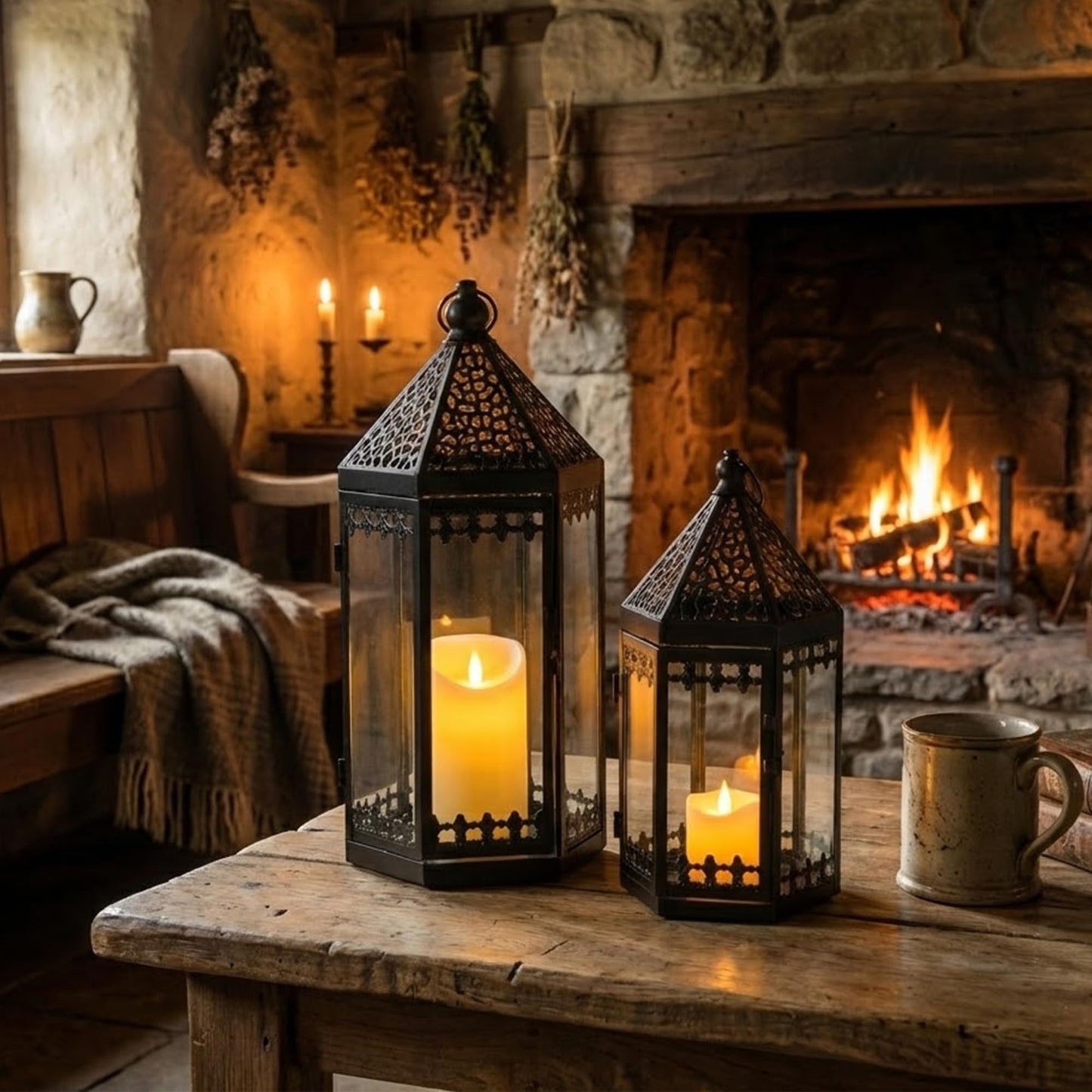 TRIROCKS Set of 2 Decorative Candle Lantern 16'' & 12'' High Metal Candle Holder Hanging Lanterns with Tempered Glass for Indoor Outdoor Home Decor Parties Garden Events (Black)