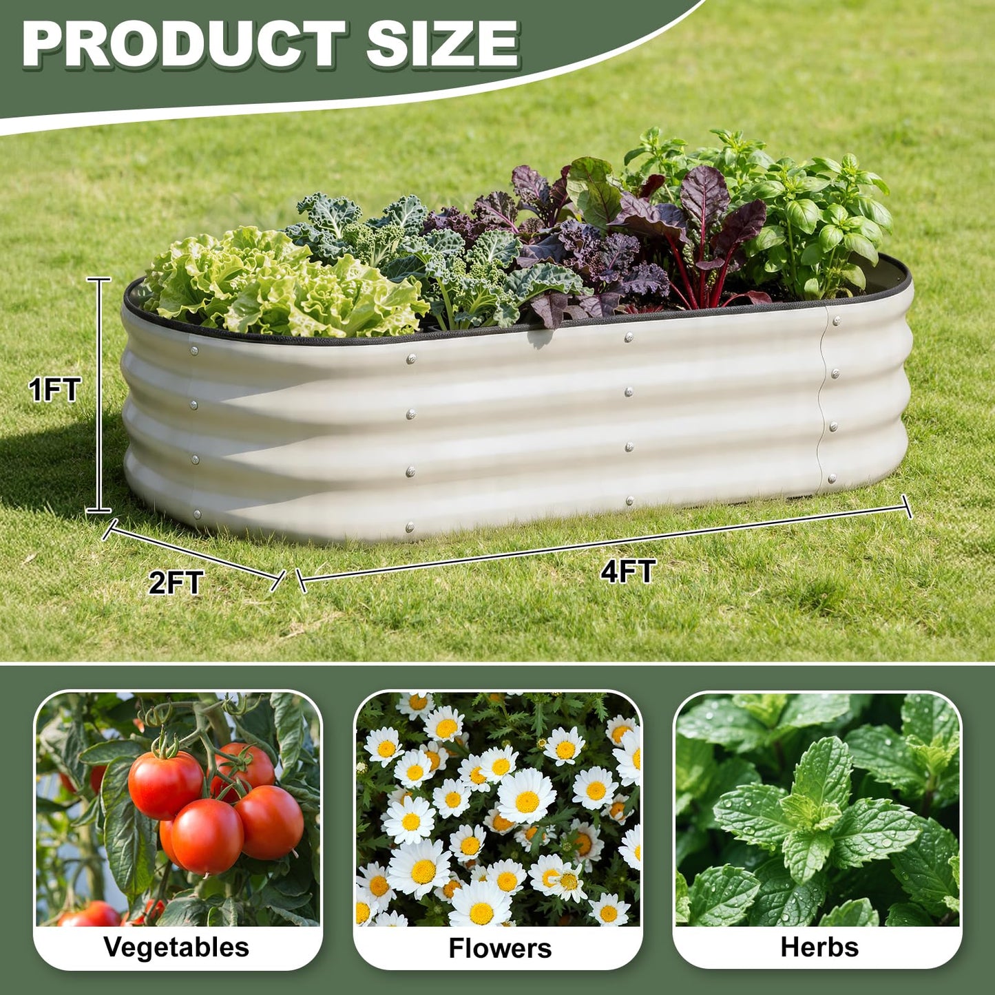 Galvanized Raised Garden Bed- Planter Garden Boxes Outdoor, Raised Beds for Gardening, 4x2x1ft Metal Garden Bed Kit for Vegetables Flower, Planter Raised Bed with Protective Tape & Tools.White-4pack