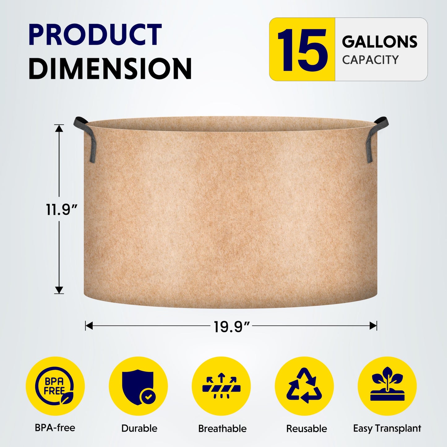 iPower 15 Gallon 5 Pack Grow Bags Nonwoven Fabric Pots Aeration Container with Strap Handles for Garden and Planting, 5-Pack Tan, 15 Gallon