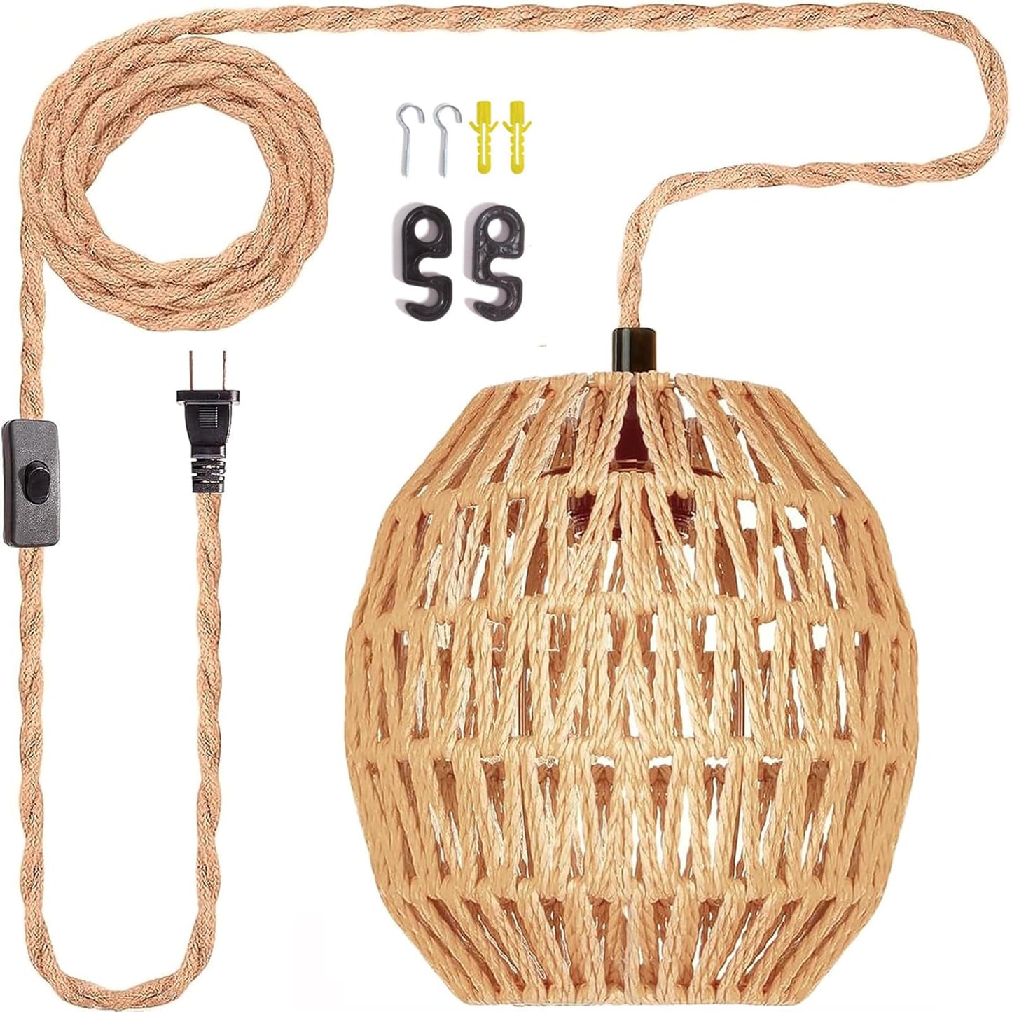 Maliralt Hanging Lamps Rattan Pendant Light Hanging Lights 16.4ft Plug in Cord Pendant Light Fixture Plug Into Wall Outlet Pendant Lighting with On Off Switch for Bedroom Living (Egg Shade)