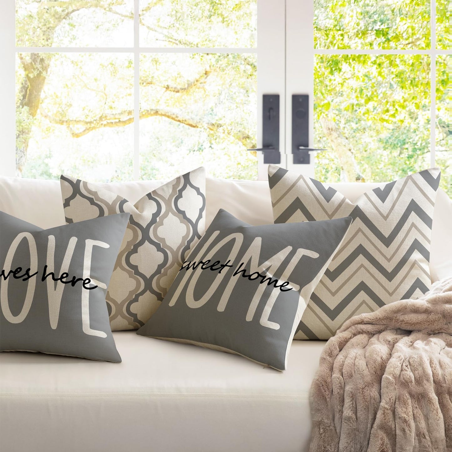 YCOLL Farmhouse Throw Pillow Covers 18x18 Set of 4 Rustic Linen Square Decorative Cushion Covers for Couch Sofa Bedroom Home Decor