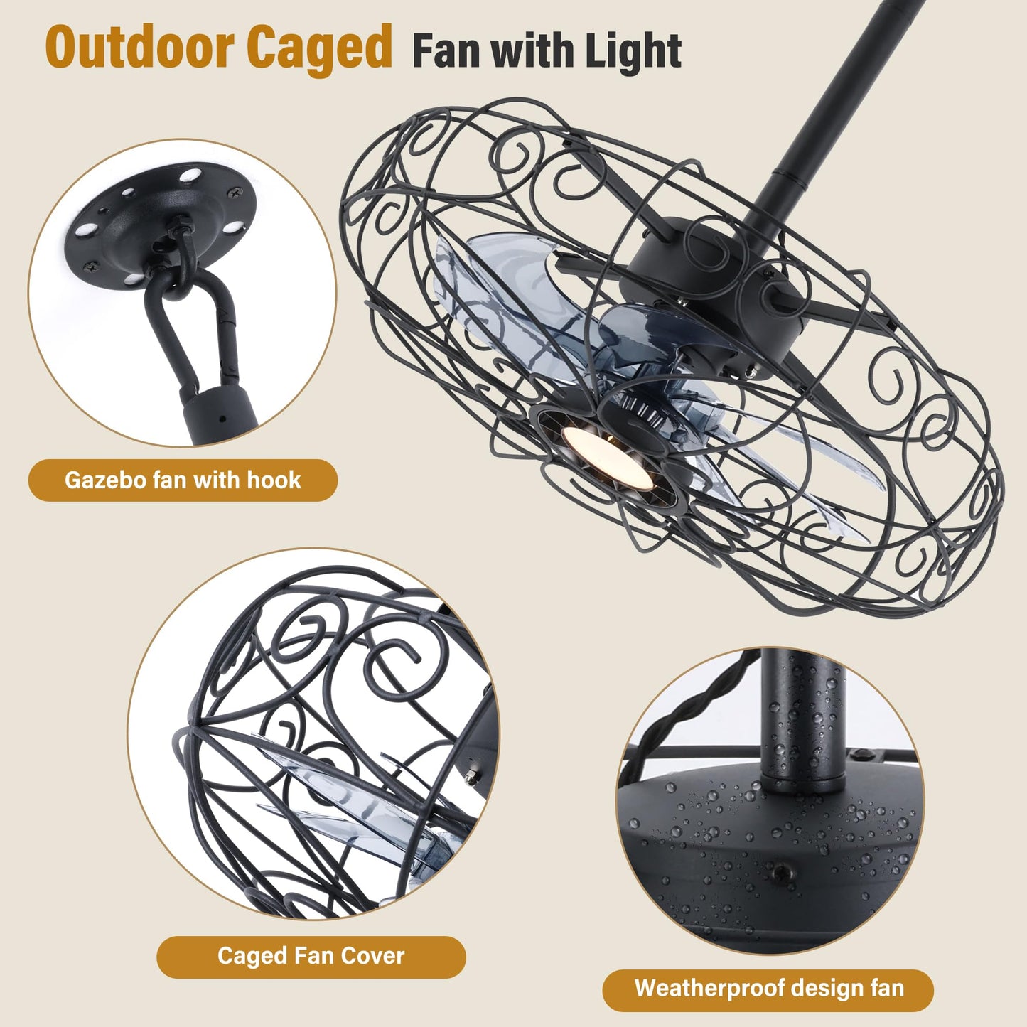 Kuailkag Waterproof Gazebo Fan 20-Inches,Outdoor Ceiling Fan with Light and Remote,APP,3CCT 6-Speeds Plug-in Patio Fans for Outside Porch Pergola(Black)