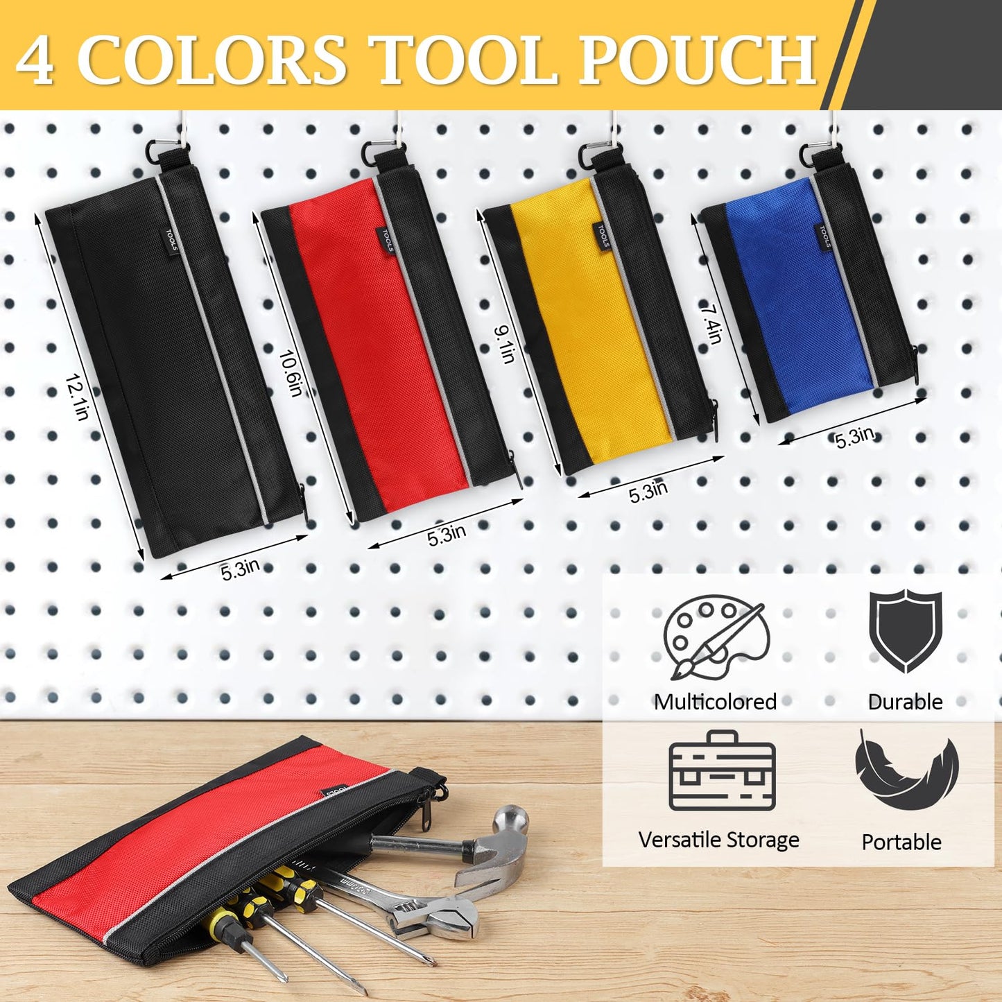 COIDEA 4 Pack Tool Pouch, Small Tool Bag with Zipper, 1680D Oxford Waterproof Multipurpose Tool Pouches with Carabiner for Men Tools, Travel Accessary, Stationary, Gadgets Storage Organizer, PSGJD-X4