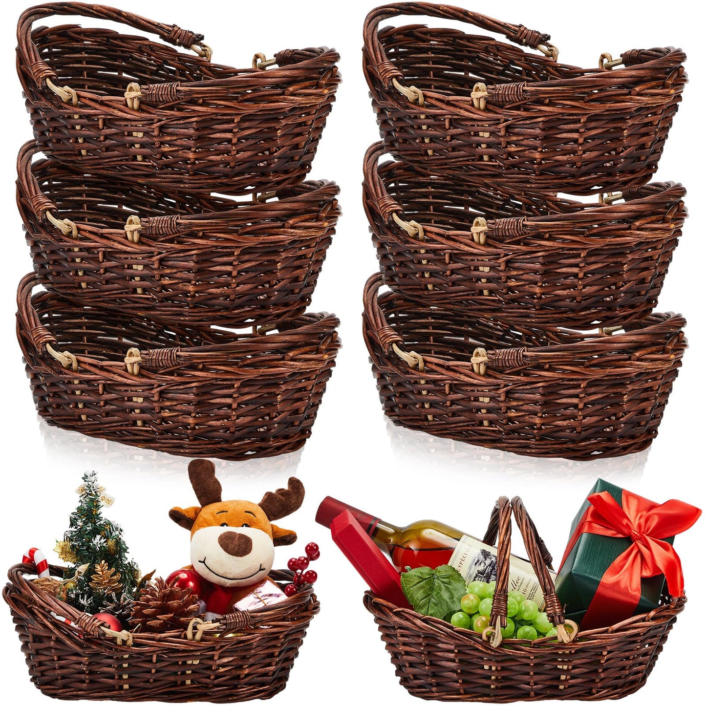 Sintuff 6 Pcs Wicker Picnic Basket with Handle Garden Harvest Empty Easter Eggs and Candy Basket Oval Willow Woven Storage for Organizing, Fruit Egg Storage Gathering Wedding Gifts (Dark Brown)