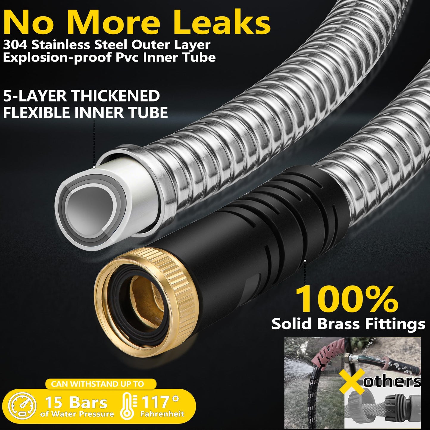 100 ft Stainless Steel Garden Hose - 2026 New Upgraded Metal Water hose - Flexible Water Hoses Pipes with Latex Core, 3/4" Solid Brass Connector - No-Expandable Watering Garden Hoses