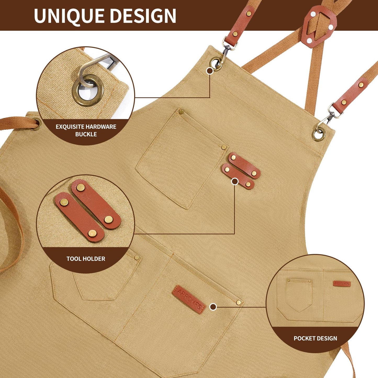 KACHUAN BEAR Chef Aprons for Men Women with 4 Large Pockets, Cotton Canvas Cross Back Adjustable Apron for Work grilling kitchen gardening (brown)