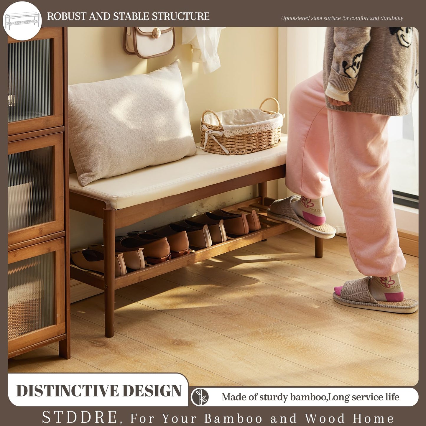 STDDRE Shoe Rack Bench Entryway Bamboo Shoe Storage Bench with Leather Cushion 2 Tiers Shoe Rack Entryway Bench for Hallway, Living Room,Bedroom(Beige Bench top+Brown Frame)