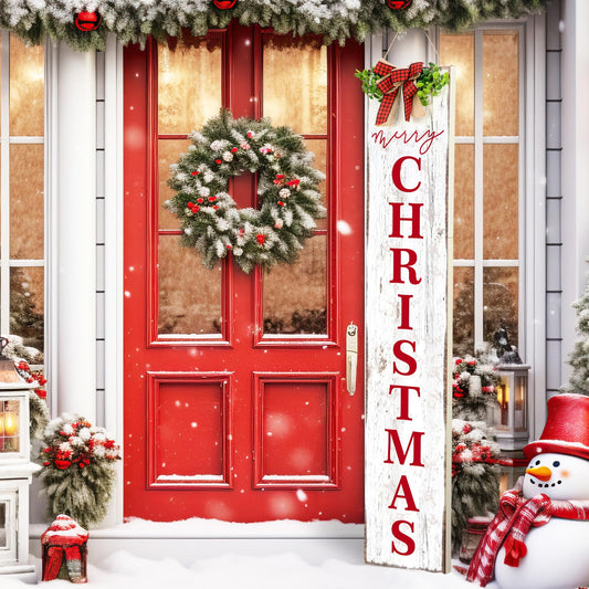 Chitidr Christmas Porch Sign Merry Christmas Hanging Decor 42'' Rustic Vertical Welcome Wooden Sign with Lanyard Bowknot for Outdoor Home Front Door Porch Patio Deck Wall Indoor Farmhouse
