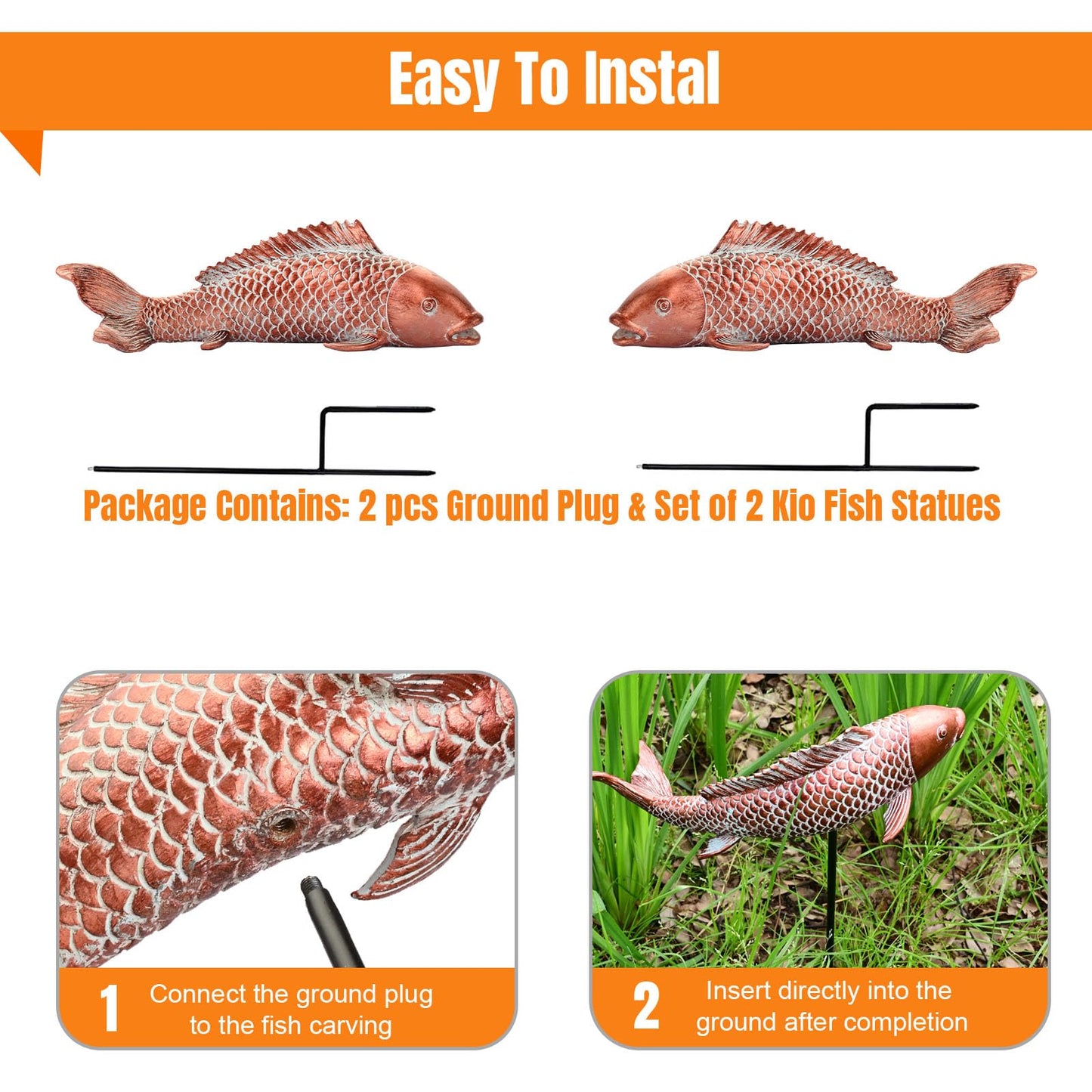 Wosuine Garden Statues Koi Fish Decor Outdoor Garden Fish Statues, Set of 2 Antique Copper Koi Art Sculptures for Patio, Backyard, Pond and Home Decor, Best Gardening Gifts for Women Mom