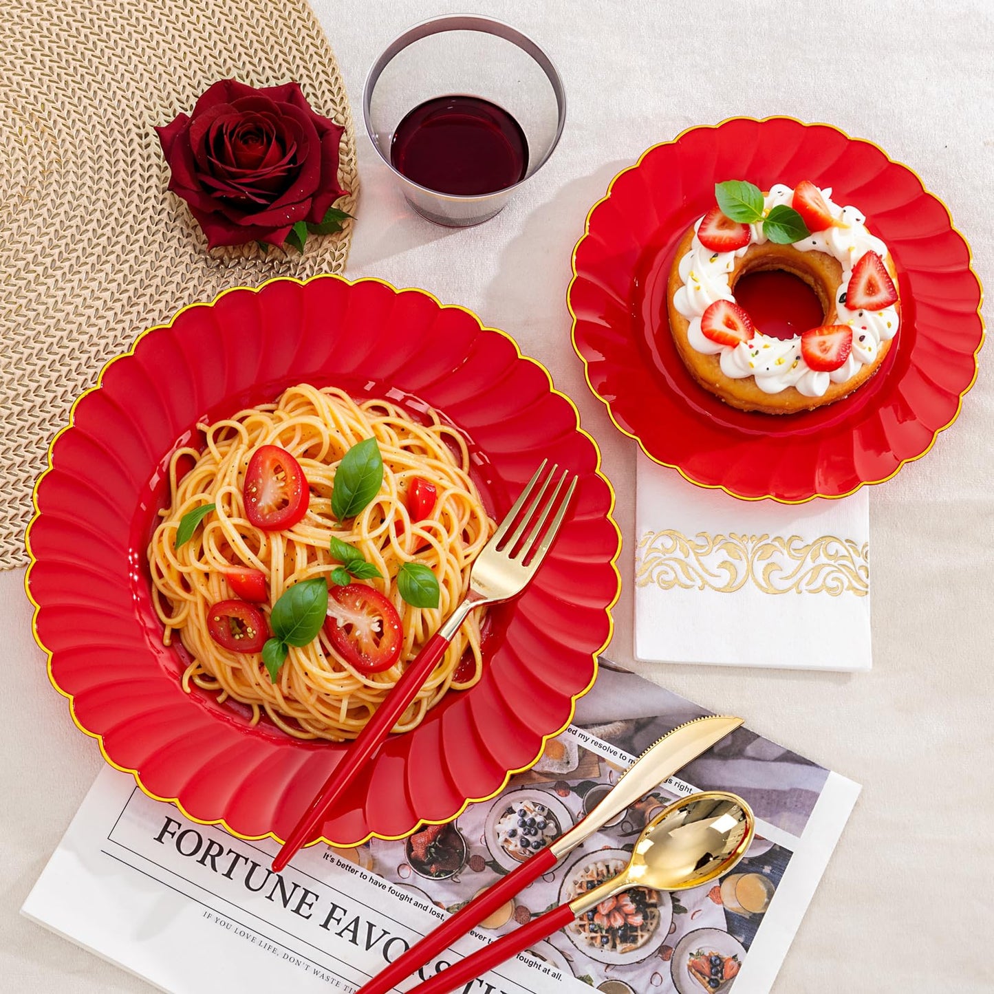 Ciaell 175 PCS Red Scalloped Plastic Plates with Gold Trim - Red Plastic Silverware with Handle - Fancy High-End Dinnerware Sets for Wedding & Party & Mother's Day