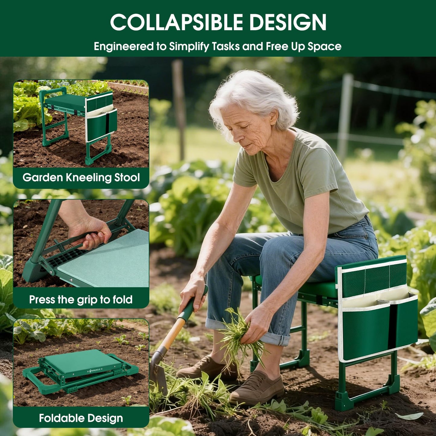 TITIUNCLE Garden Kneeler and Seat for Seniors: Heavy Duty 420 LBS Support Anti-Tip Multifunctional Gardening Stool Bench with Widened Thick Soft Kneeling Pad &Tool Bag - Foldable for Gardeners