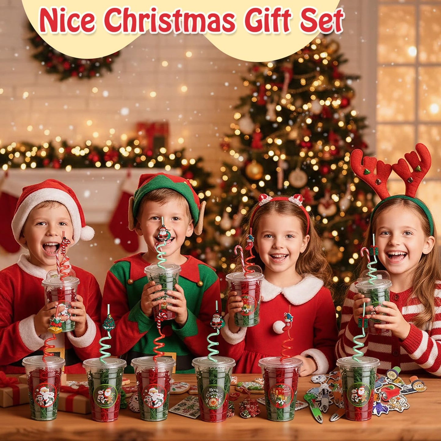 Vesici 124 Pcs Christmas Plastic Cups Bulk with Lids Straws Stickers Raffia Snowman Santa Claus Plastic Cups Xmas Disposable Clear Mugs Party Favor Holiday Birthday Wedding Party Supplies, 24 Sets