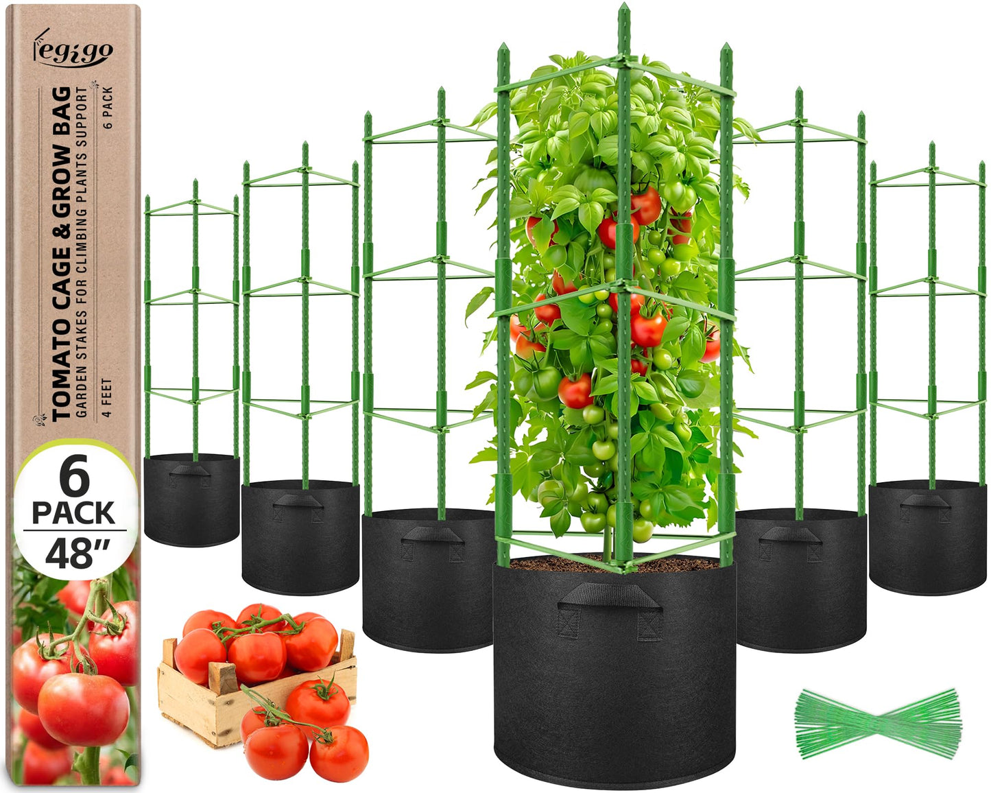 Legigo 6 Pack Tomato Cages with 10 Gallon Grow Bags- 48inch Tomato Trellis Plant Support Stakes Planter, Tomato Plant Cages Garden Trellis for Vertical Climbing Plants Vegetables Flowers Fruits