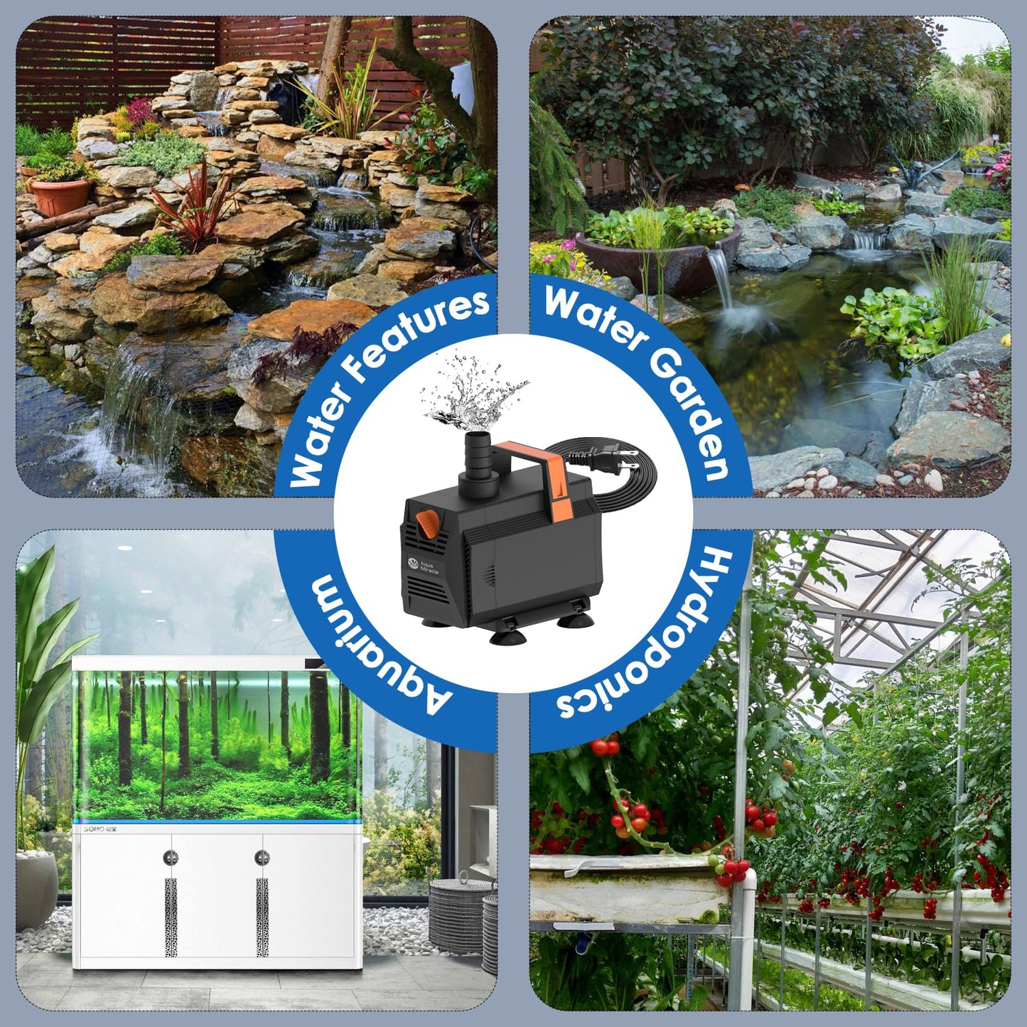 AquaMiracle 1200GPH Submersible Water Pump Pond Pump(4500L/H, 70W), Water Fountain Pump Aquarium Water Pump with Flow Control for Fish Tank, Waterfall, Statuary, Filtration, Water feature, Hydroponics