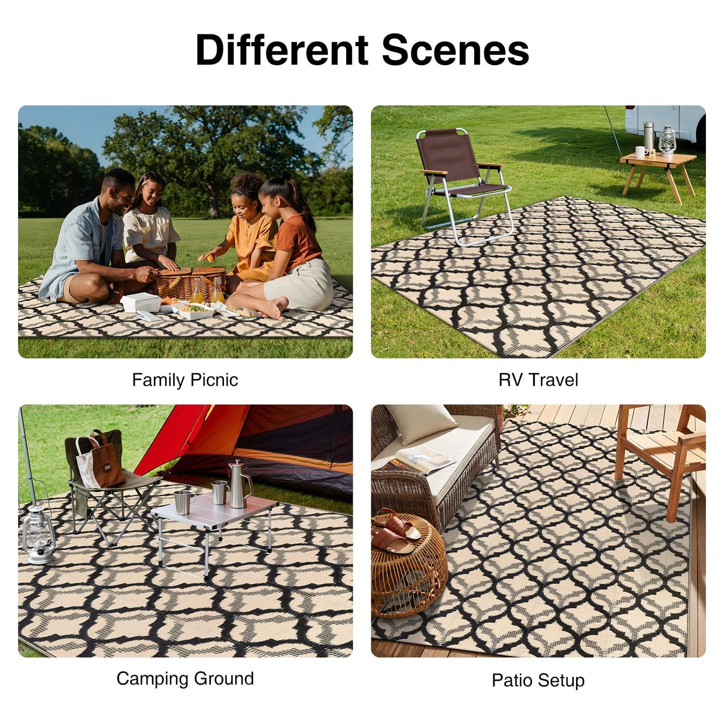 OLANLY Reversible Outdoor Rug 5x8 ft Clearance, Waterproof Outdoor Plastic Straw Rug with Interlacing Pattern, RV Mat for Patio, Camping, Balcony, Deck, Backyard, Black & Beige