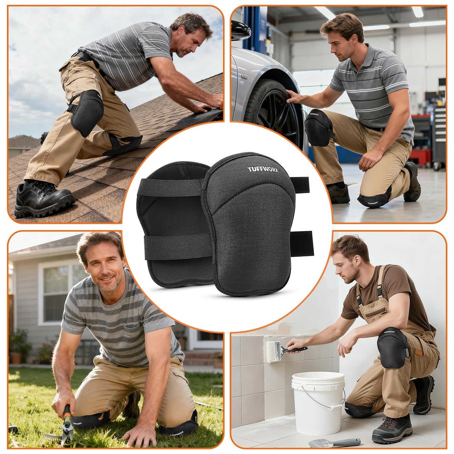 TUFFWORX Professional Knee Pads with Adjustable Straps, Kneepad Heavy Duty Foam Padding, Black