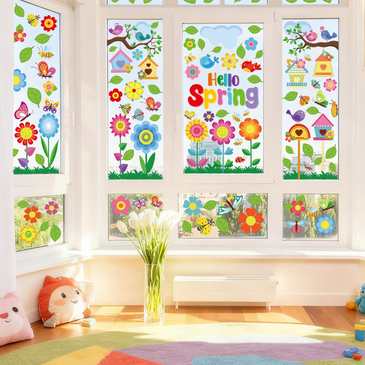 Vibrant Spring & Summer Window Clings - 9 Sheets 127PCS Removable & Double-Sided with Flowers Butterflies Birds Birdhouses - Window Stickers for Glass Windows Home Classroom Office Store Decorations