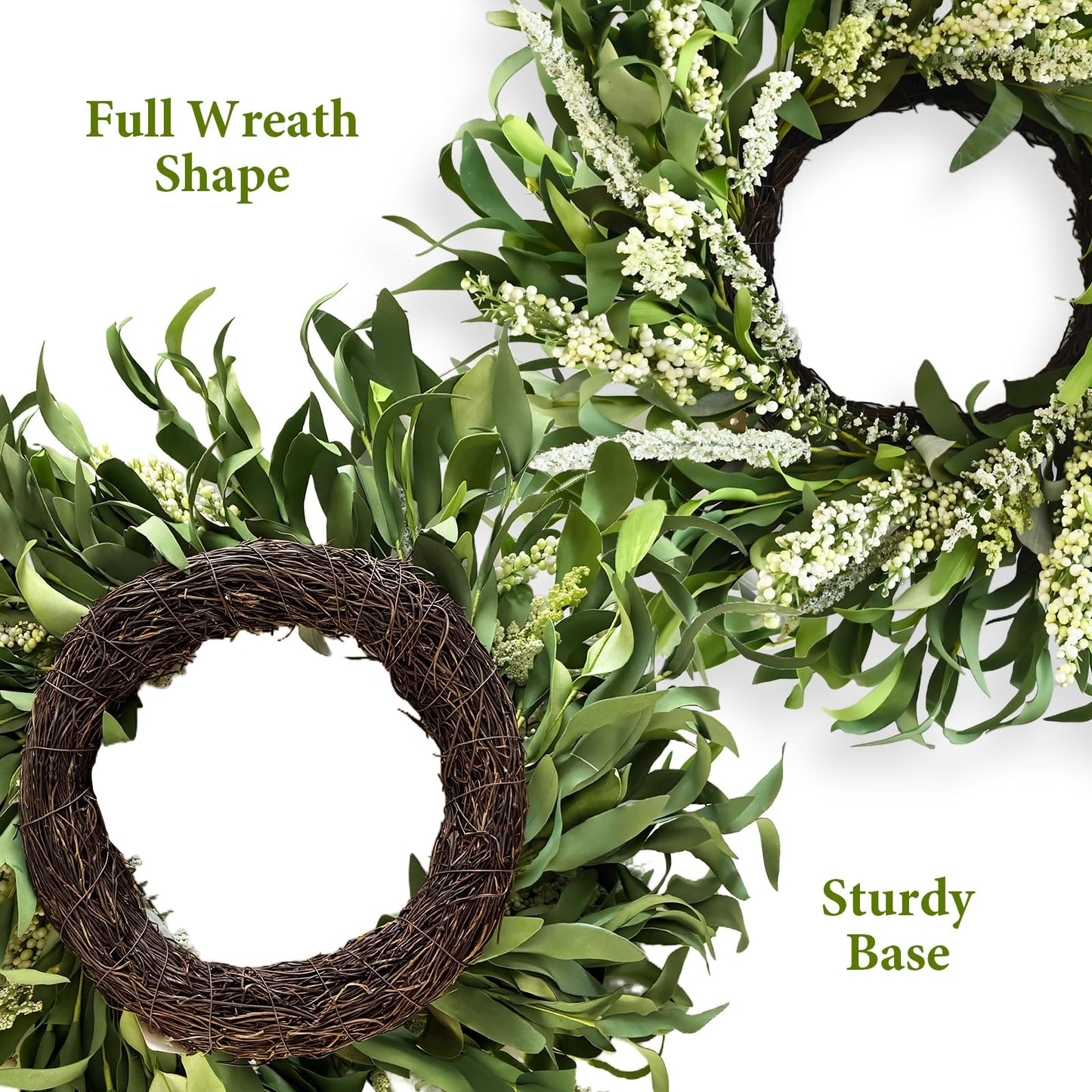 Greenery Spring Wreath for Front Door, 26 Inch Large Wreath with Artificial Eucalyptus Leaves and Cream Ear of Grain, All Season Spring Wreath for Wedding Rustic Modern Farmhouse Home Decor