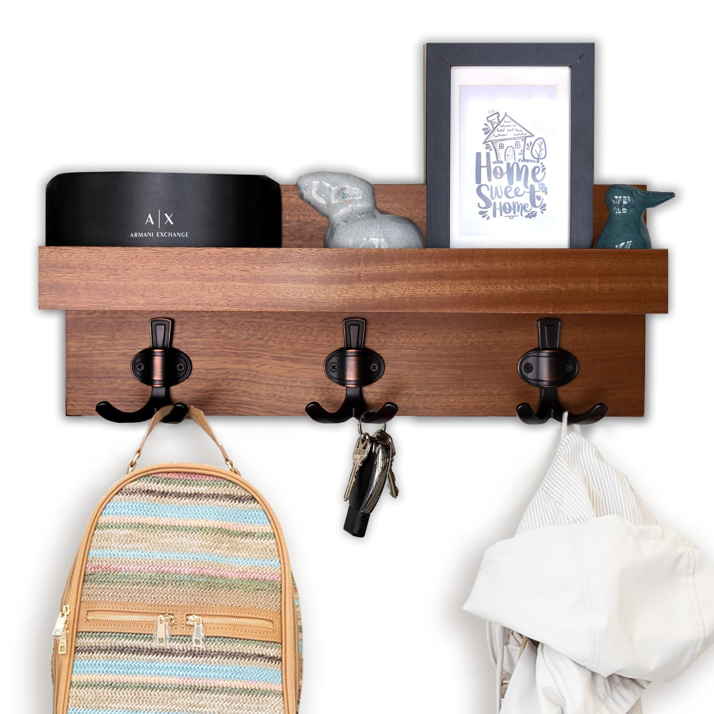 Straga Handmade Entryway Organizer–Wall-Mounted Shelf with 3 or 4 Sturdy Hooks for Coats, Bags, Keys & Umbrellas – Mudroom, Hallway, Bathroom, Modern-Traditional Design – Made in USA 10