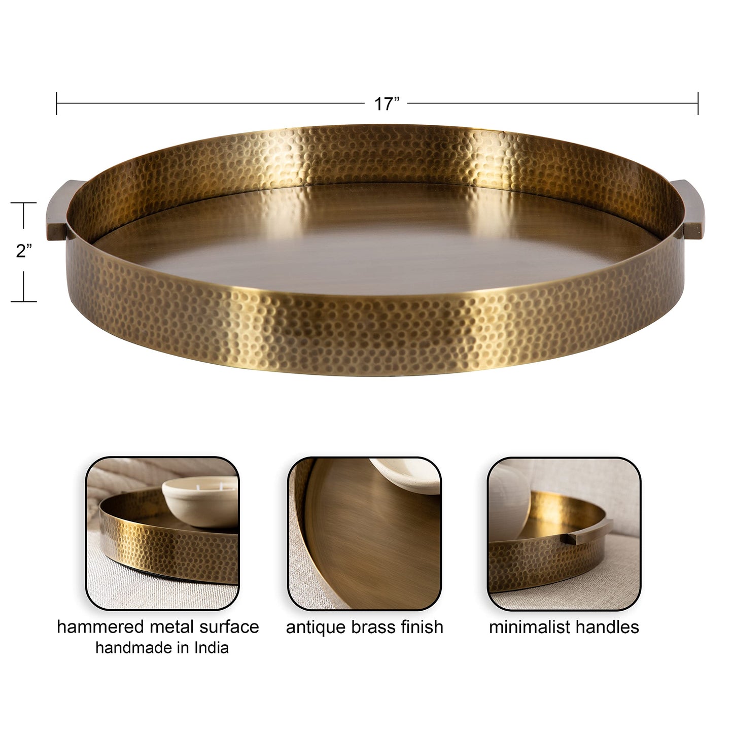 Kate and Laurel Samana Modern Glam Round Metal Tray; 17 Inch Diameter; Antique Brass; Circular Polished Decorative Tray with Hammered Surface and Minimalist Handles