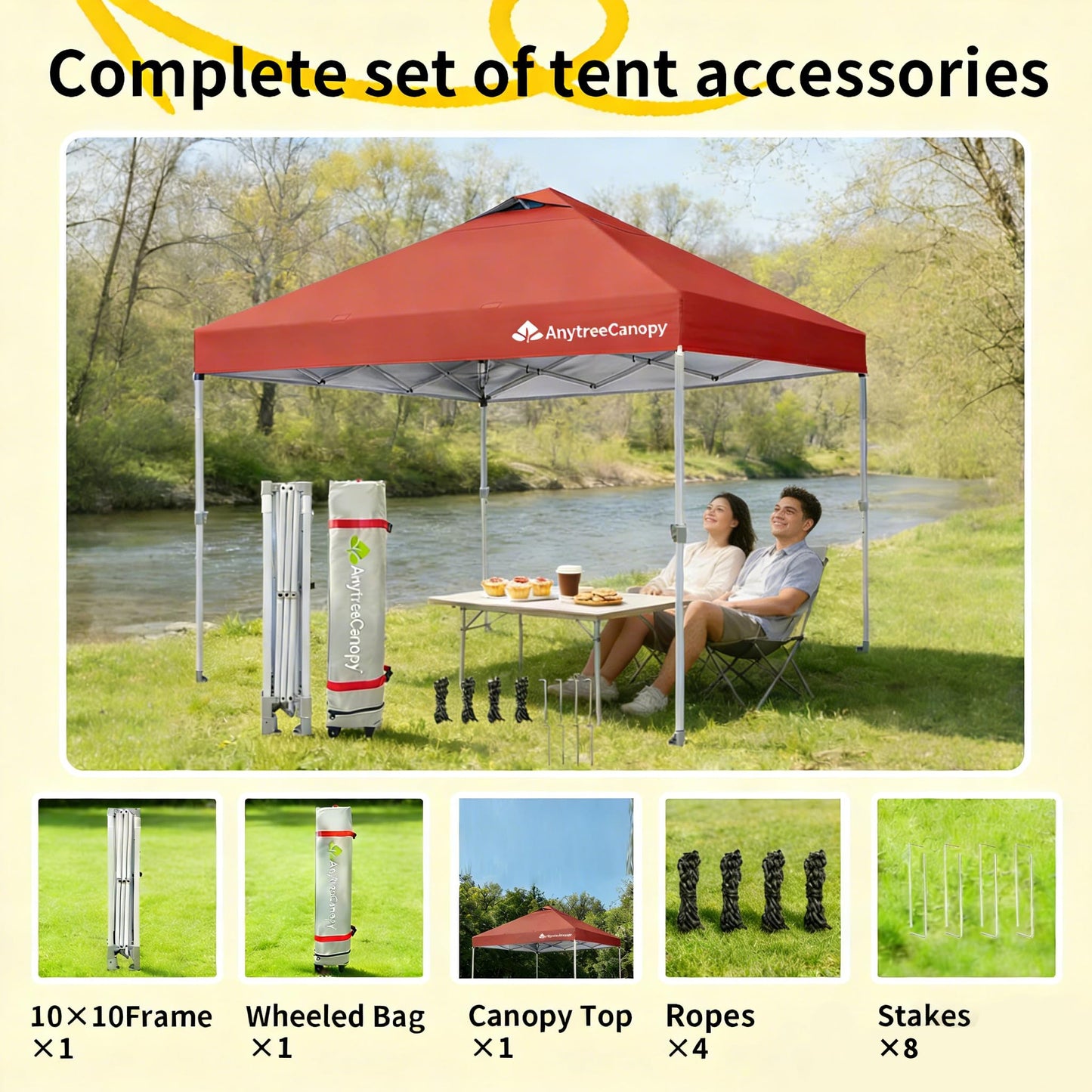 Anytee-10x10 Pop Up Canopy Tent, Easy Up Waterproof Outdoor Canopy with Wheeled Bag, Sun Shade for Patio, Backyard, Parties, Camping-Red Ventilated