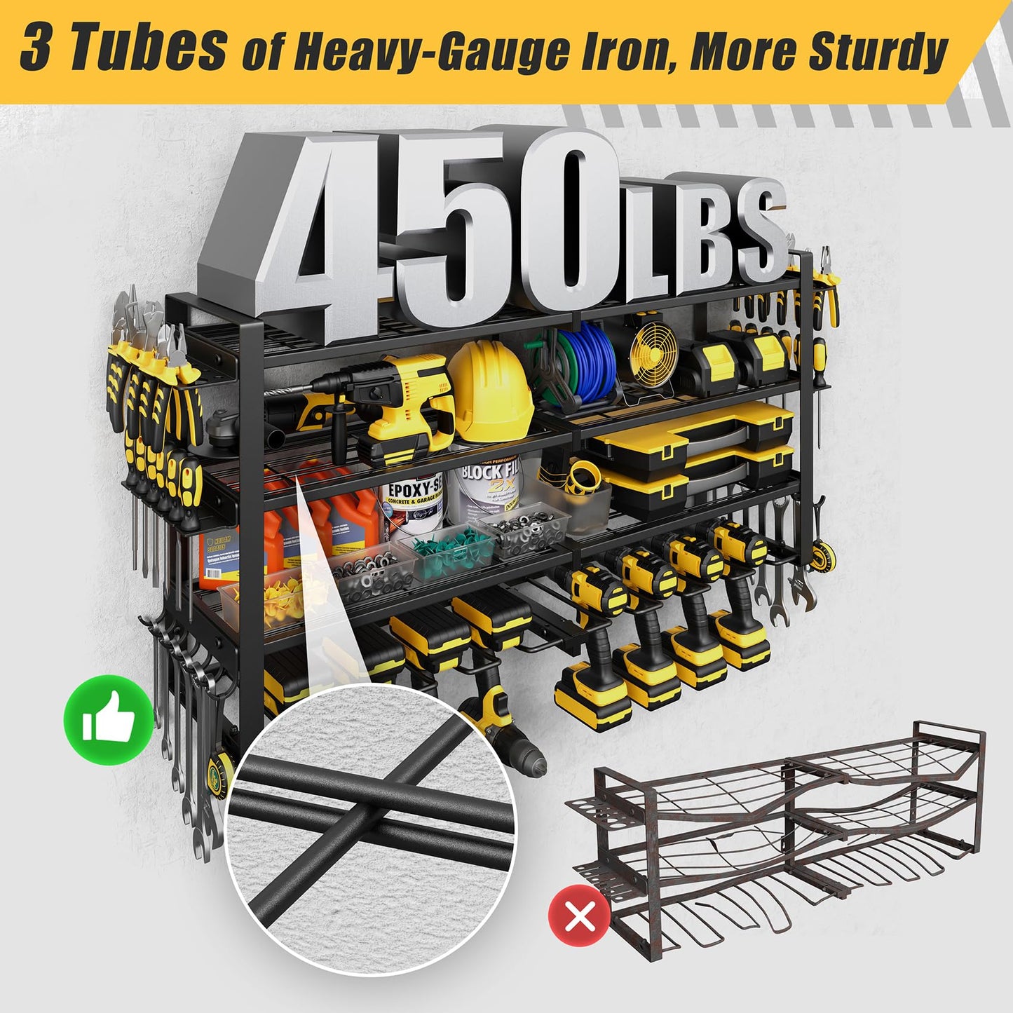 Jusgym Power Tool Organizer Wall Mount |450lbs Garage Tool Storage Rack with 8 Cordless Drill Holder |4-Tier 32''W Heavy Duty Garage Organization |Fathers Day Dad Gifts for Men