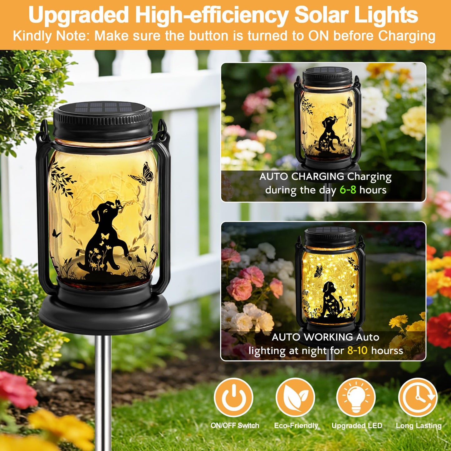 Dog Solar Lanterns, Outdoor Hanging 3in1 Solar Lantern with Stake, Mother's Day Birthday Gifts for Mom Women Grandma Dog Lover, Dog Butterfly Mason Jar Waterproof LED Lights for Yard Lawn Garden Decor