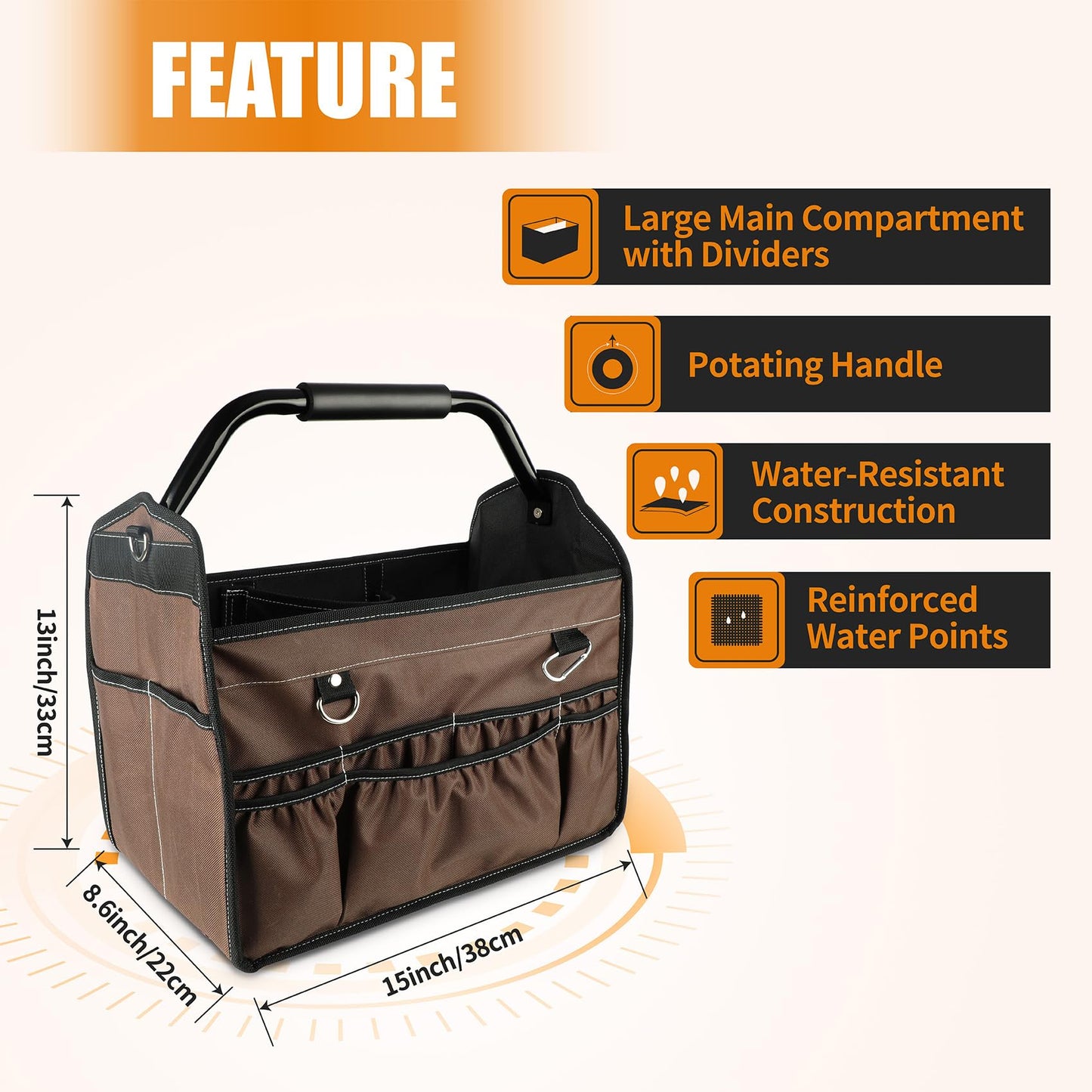 KUNLUN 17-Inch Open Top Tool Bag, Electrician Tool Bag, Tool Tote Bag Organizer for Easy Tool Access, 33 Pockets Foldable Tool Carrier with Rotating Steel Handle and Removable Shoulder Strap, Brown