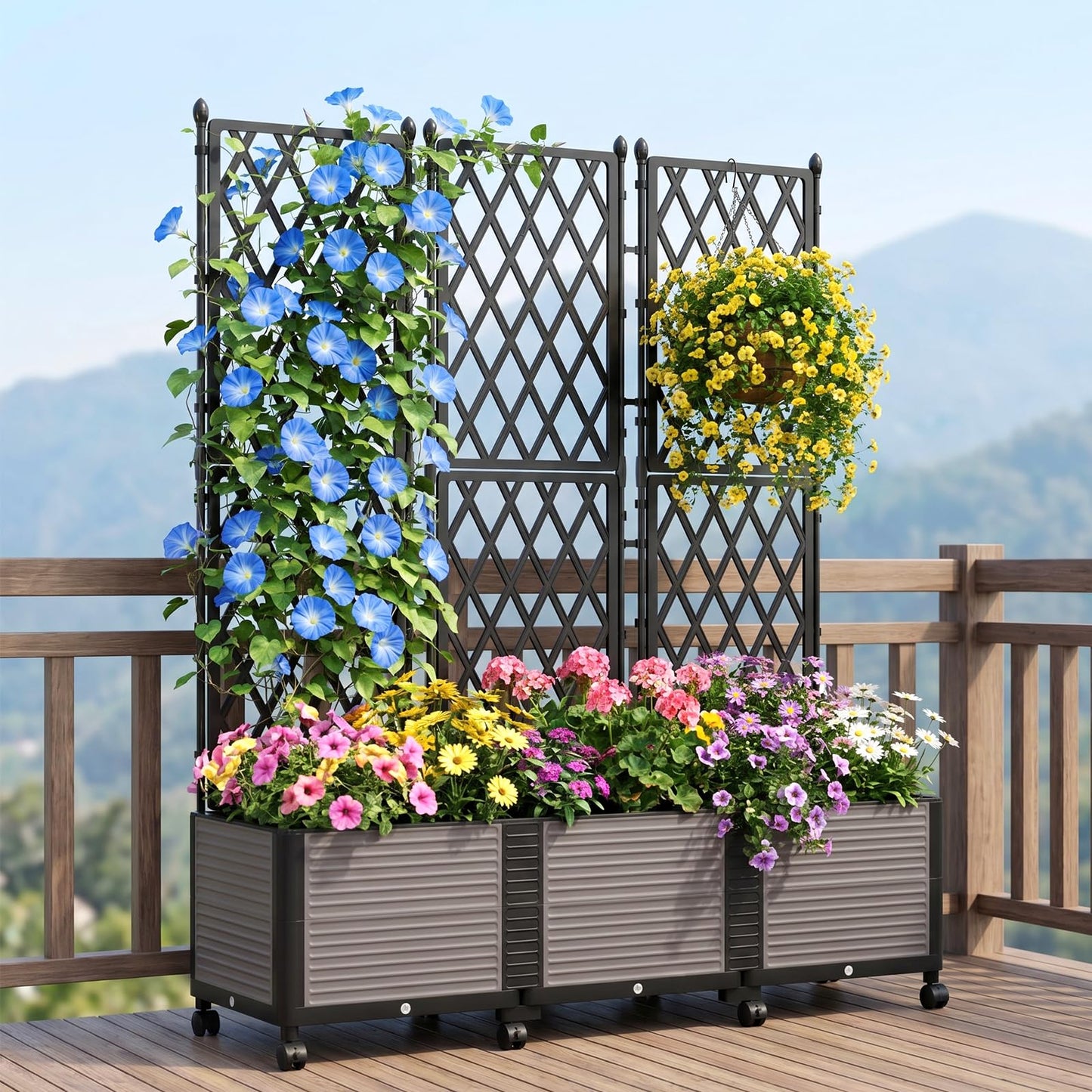 UrGROWA Raised Garden Bed Planter Box with Trellis, 63''H Tomato Planters for Climbing Plants Vegetable Vine Flowers Outdoor Patio Tomato Cage, Self Watering Planter with Wheels