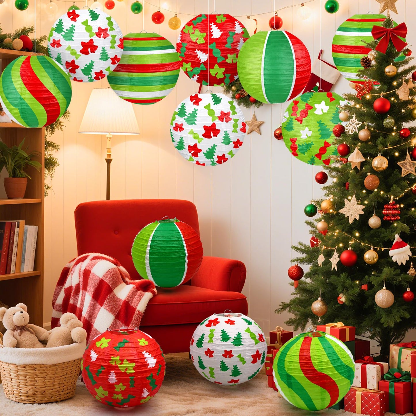 ADLKGG Christmas Party Decorations, Red Green Christmas Trees Bell Candies Printed Paper Lantern Decorative for Holiday Xmas Party Baby Shower Birthday Indoor Outdoor, 12Pcs