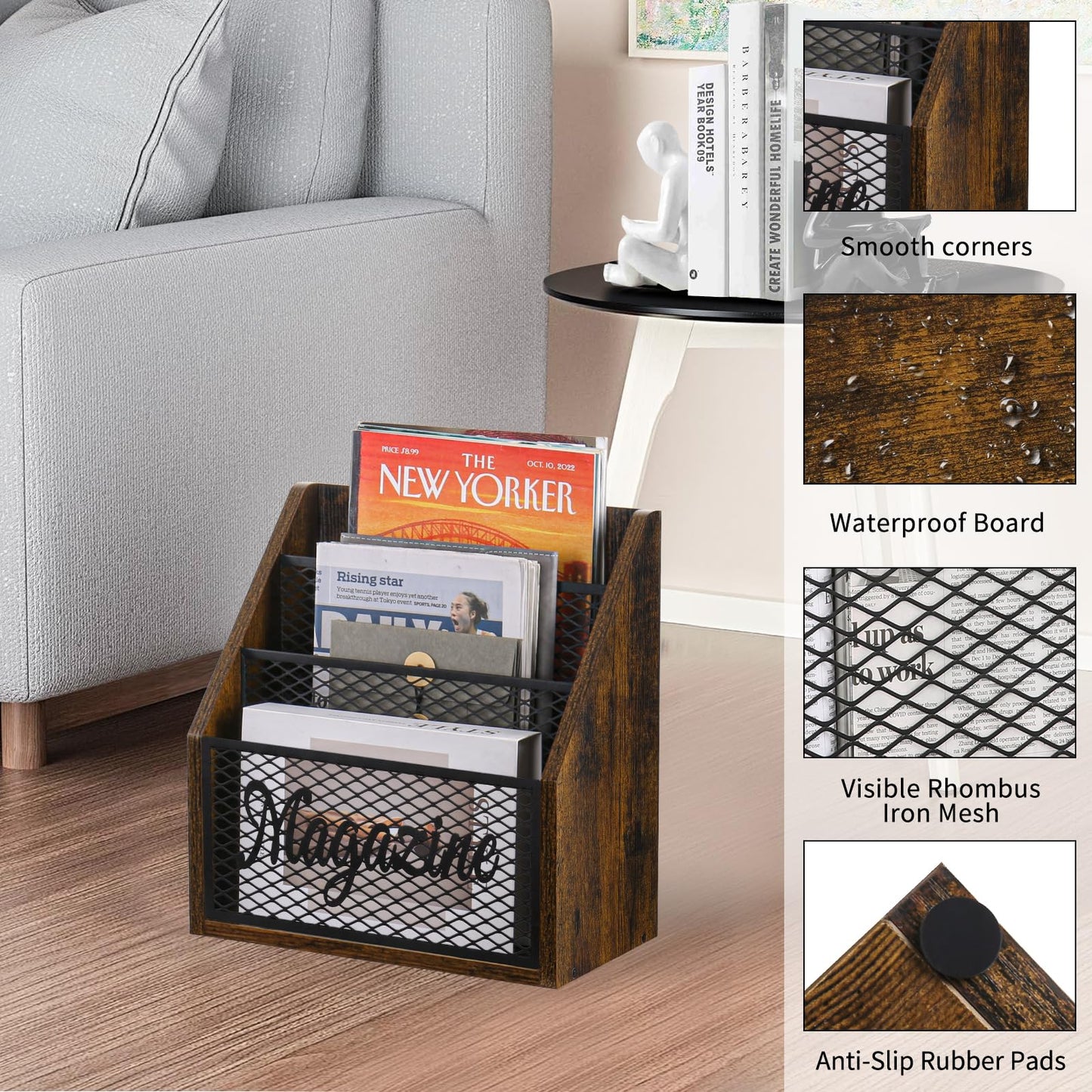 YINMIT Magazine Holder, Stepped 3 Tier Magazine Rack Floor, Magazine Storage Basket, Folder Organizer Bin for Magazines,Books,Newspapers,Tablets