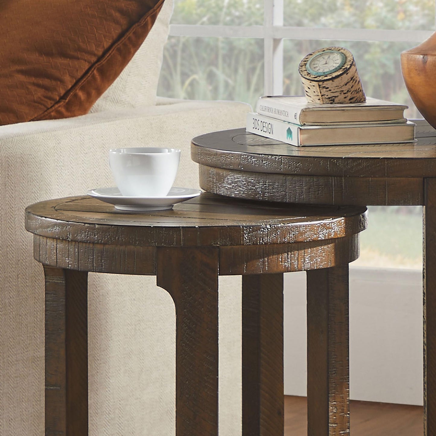 WILLIAMSPACE 24" Round Nesting Coffee Table Set of 2, Solid Wood Coffee Tables Mid Century Rustic Farmhouse Side End Tea Table for Living Room, Apartment (Drak Brown)