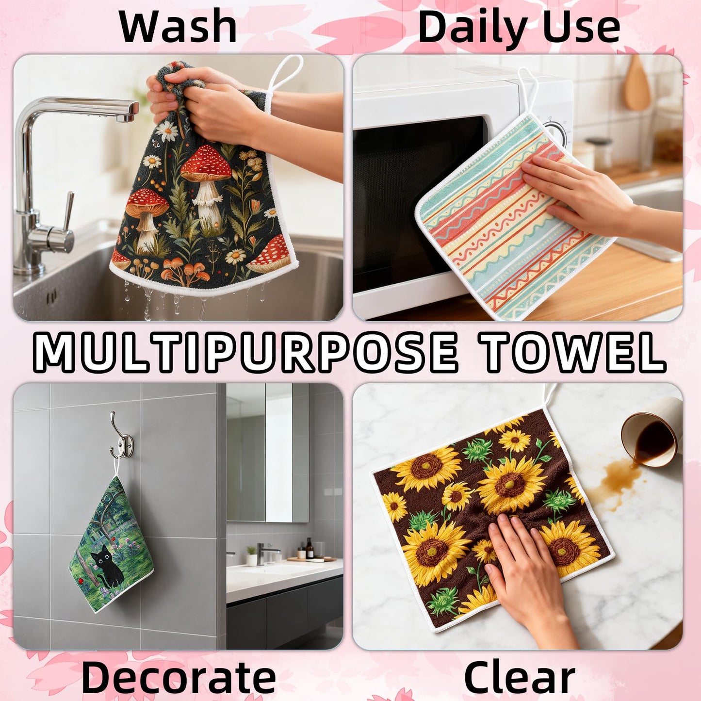 AiHeart Kitchen Dish Cloths,6-Pack Reusable Soft Dishcloths with Hanging Loop,7×7inch Kitchen Towels,Microfiber Hand Towels,Home Decoration,for Housewarming Gifts,Cooking Enthusiasts-Combination A