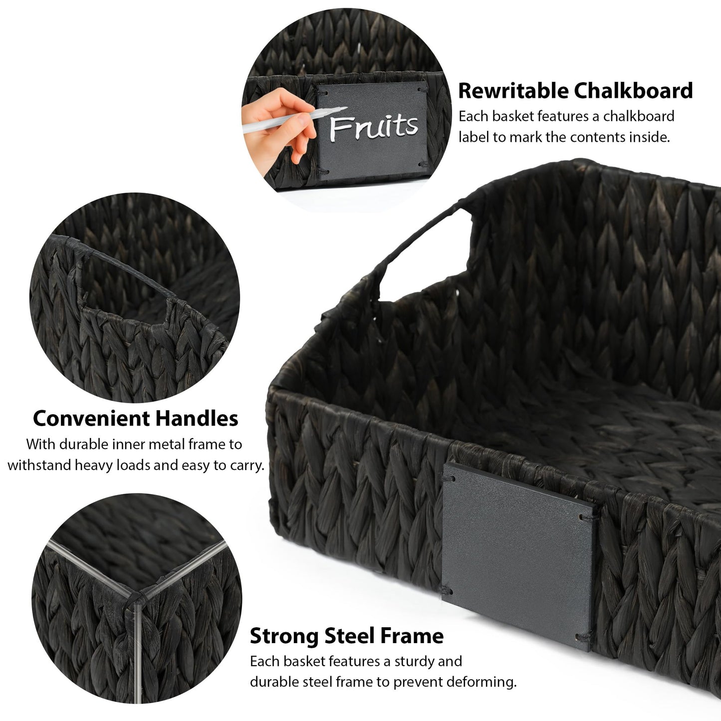 Ollieroo Rattan Storage Basket, Handwoven Wicker Basket for Storage with Built-in Handles, Pantry Baskets for Shelves, Bedroom, Bathroom, Laundry Room or Kitchen(Black)
