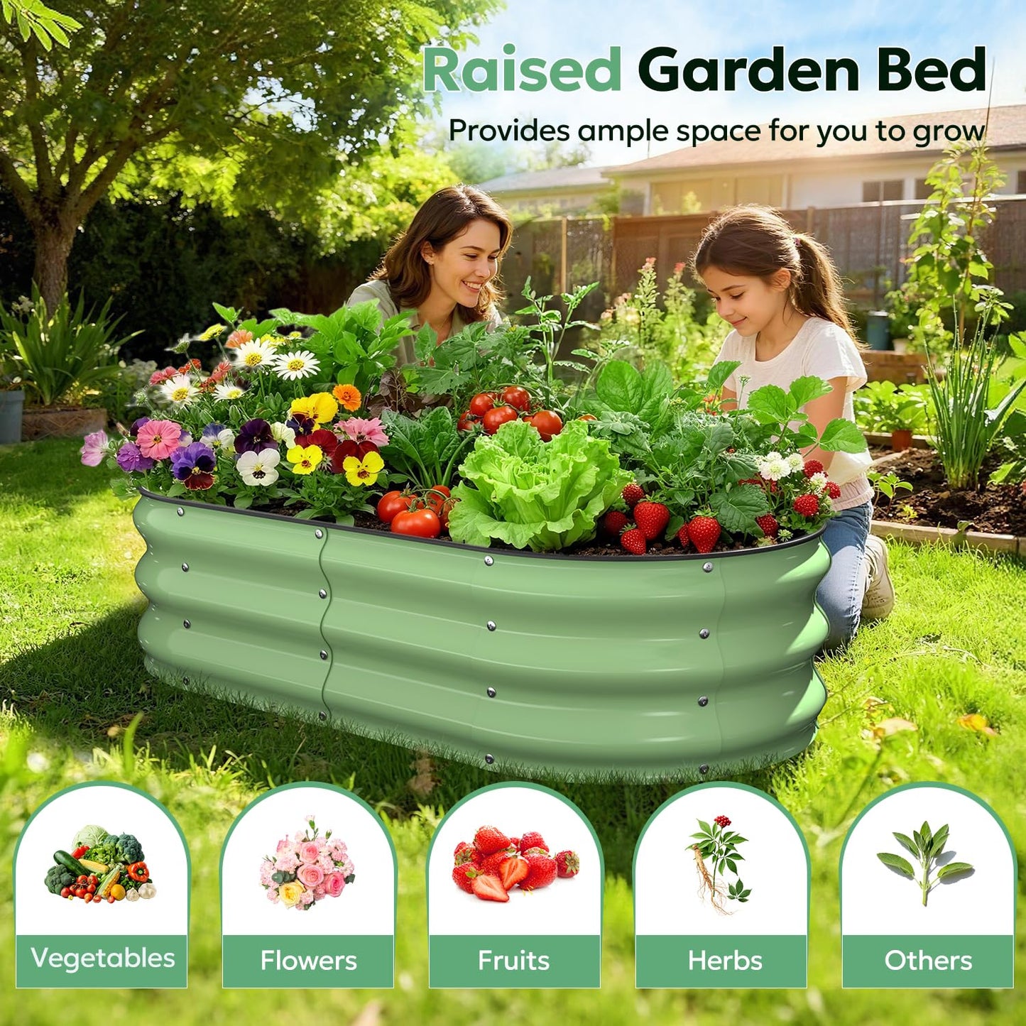 Yumatum Raised Garden Bed 4×2×1 FT, Galvanized Metal Raised Planter Box, Vegetable Planting Container with Safety Edge Trim, Hardware & Gloves Included, Fruit Green for Backyard Patio Balcony