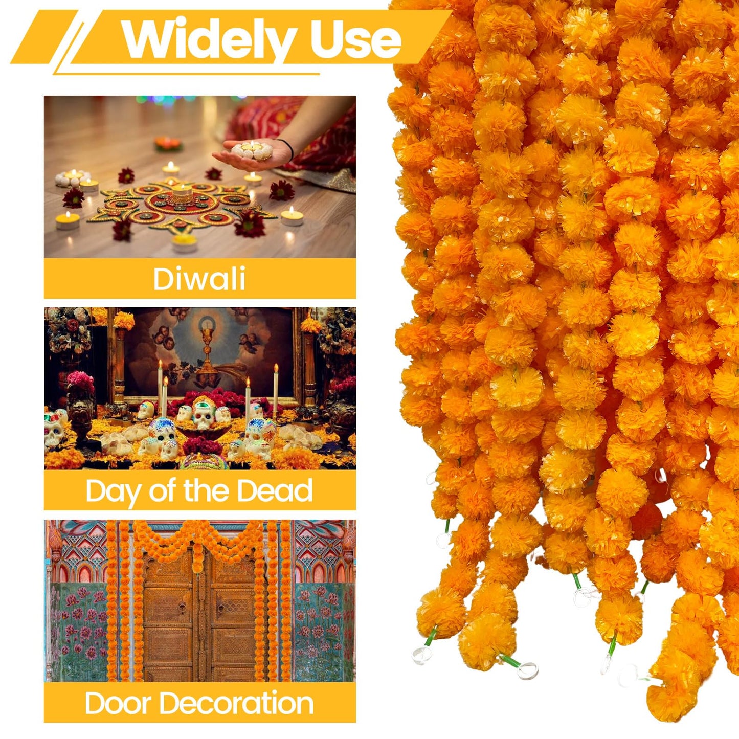 TWITTOOLS 4 Pcs Long Marigold Garland for Decoration, 5 Feet Artificial Orange Marigold Flowers Indian Pooja Diwali Home Wedding Mantle Decor