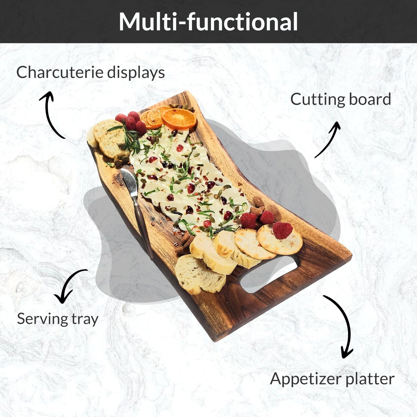 Acacia Charcuterie Board with Natural Live Edge & Round Handle - Wood Cheese Board - Decorative Wooden Serving & Cutting Board - Housewarming, Mothers Day, New Home & Wedding Gifts (18” x 8”)